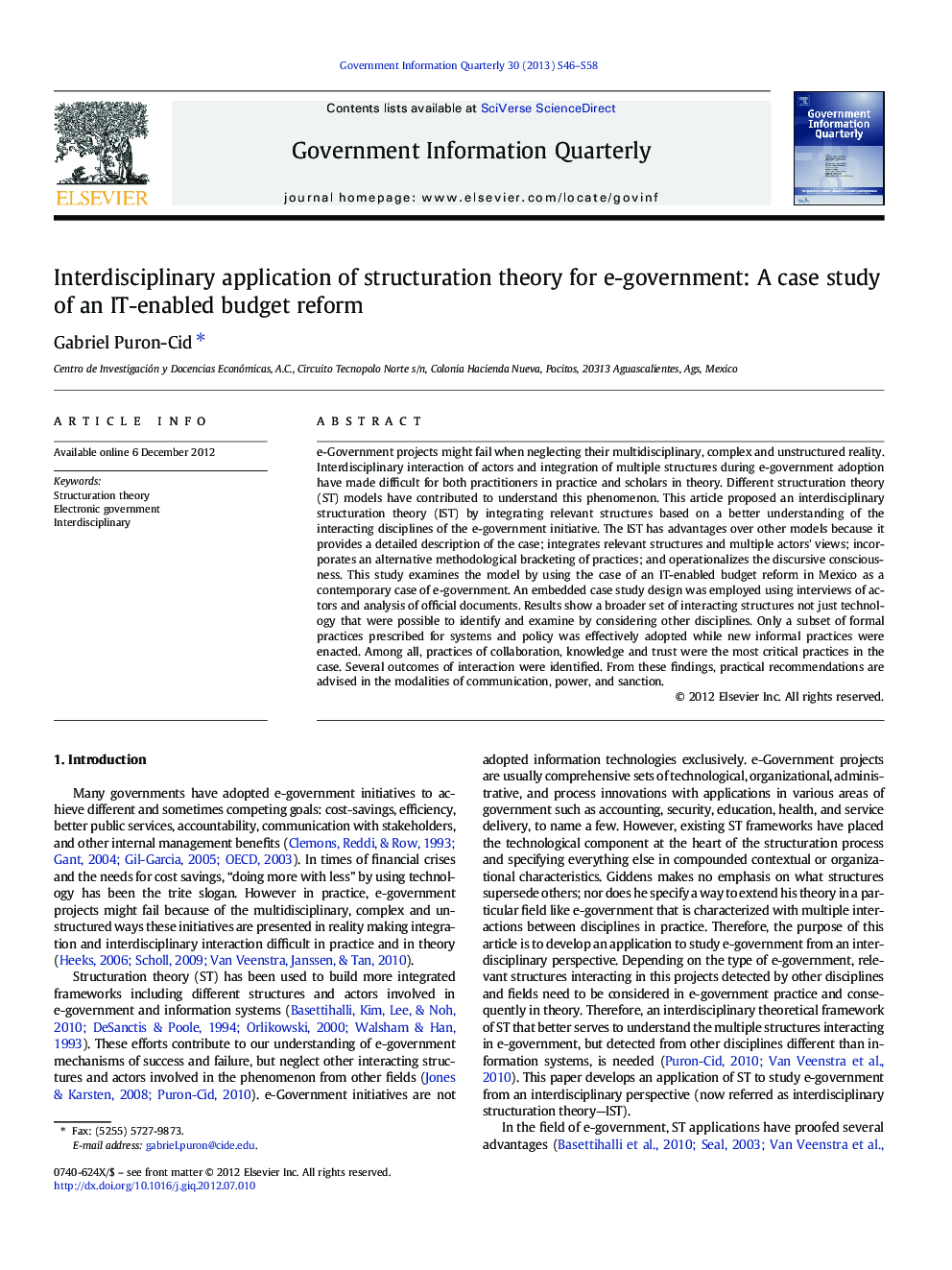 Interdisciplinary application of structuration theory for e-government: A case study of an IT-enabled budget reform