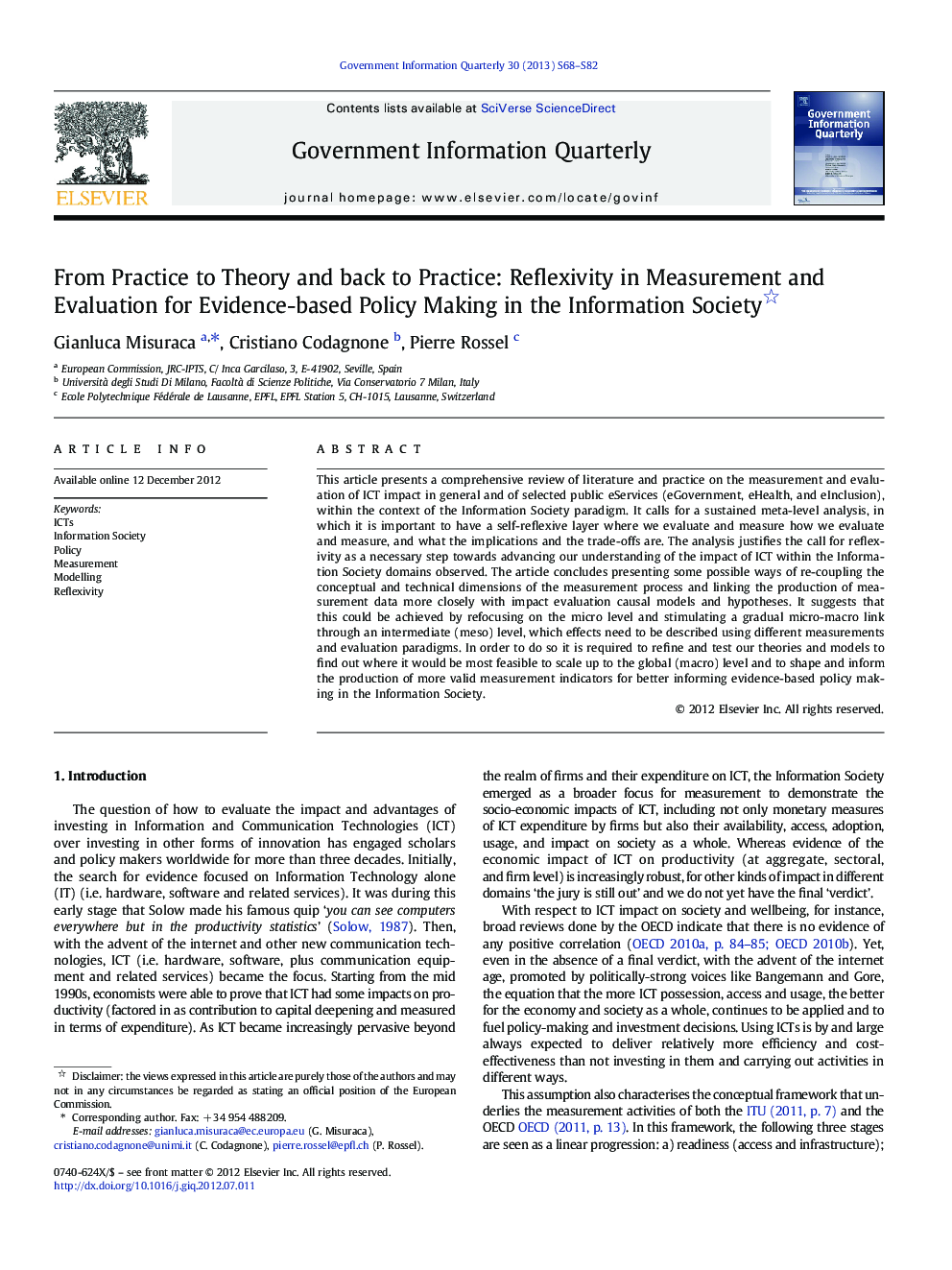 From Practice to Theory and back to Practice: Reflexivity in Measurement and Evaluation for Evidence-based Policy Making in the Information Society 