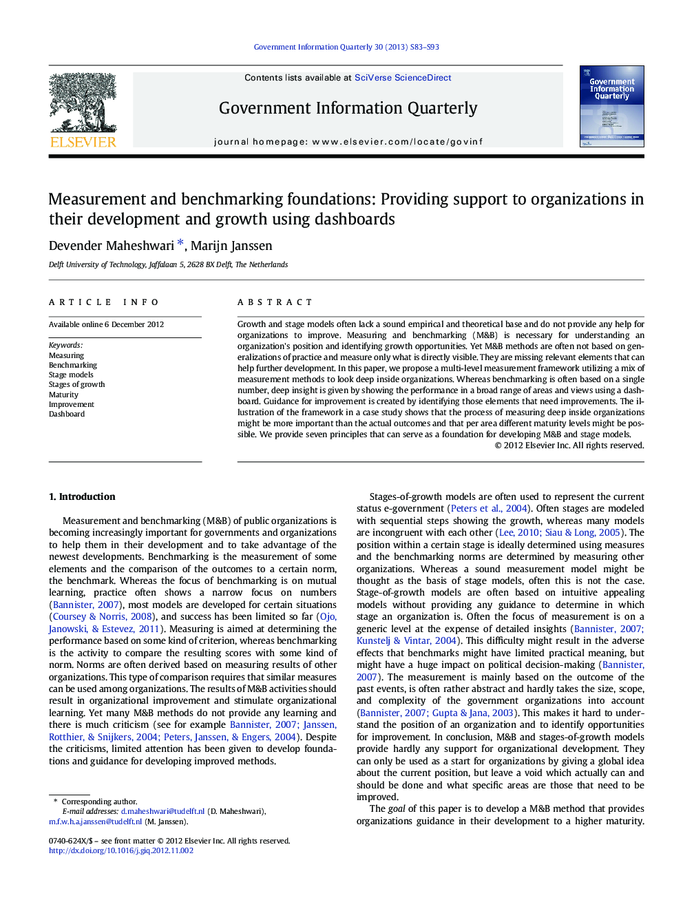 Measurement and benchmarking foundations: Providing support to organizations in their development and growth using dashboards