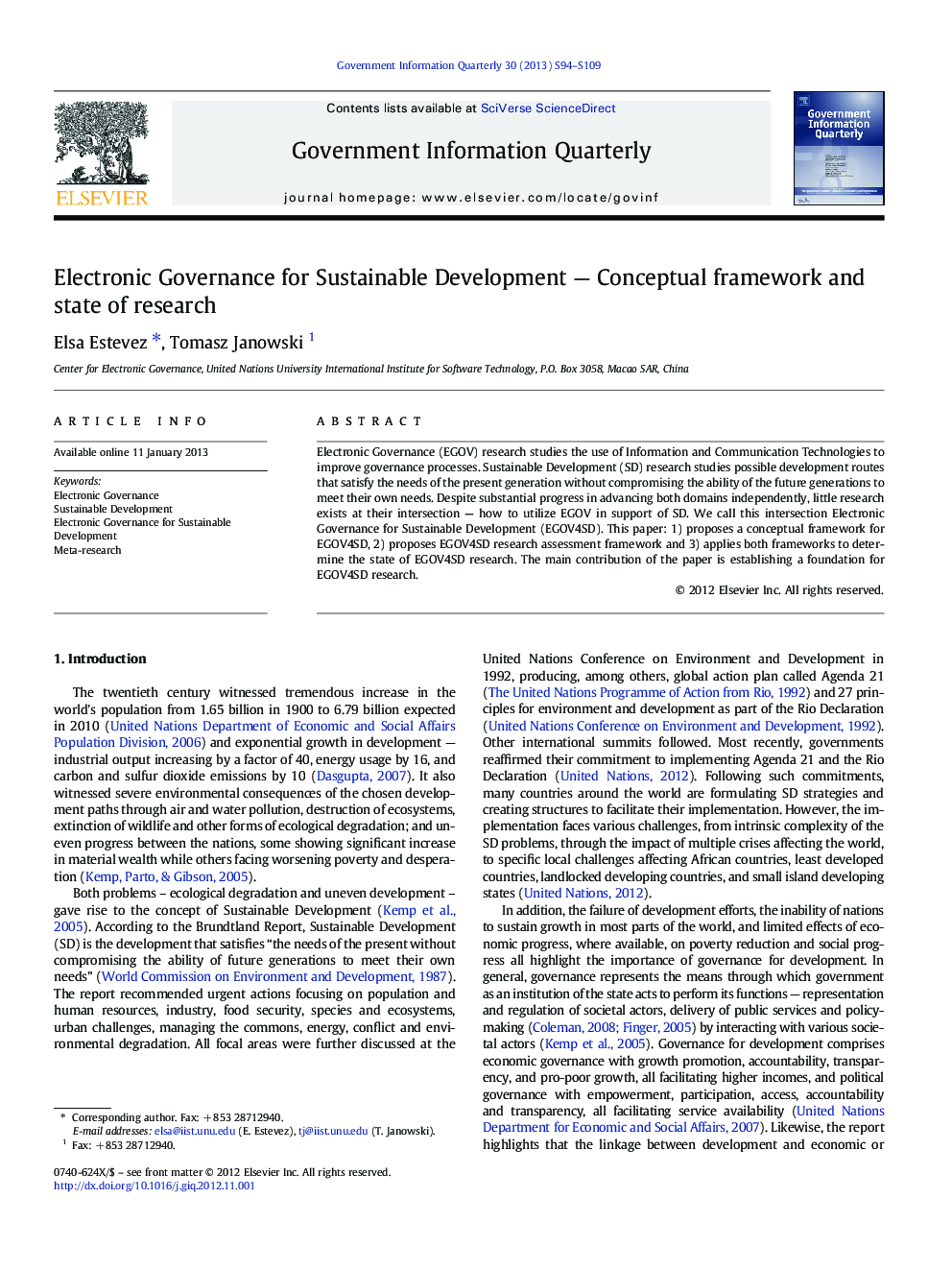 Electronic Governance for Sustainable Development — Conceptual framework and state of research