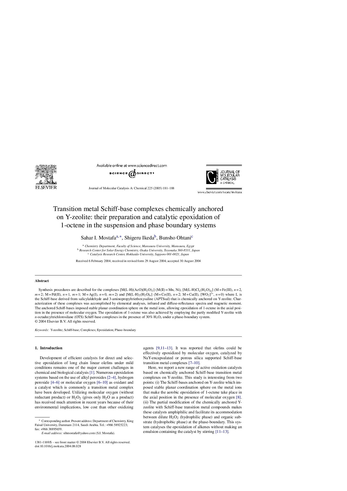 Transition metal Schiff-base complexes chemically anchored on Y-zeolite: their preparation and catalytic epoxidation of 1-octene in the suspension and phase boundary systems