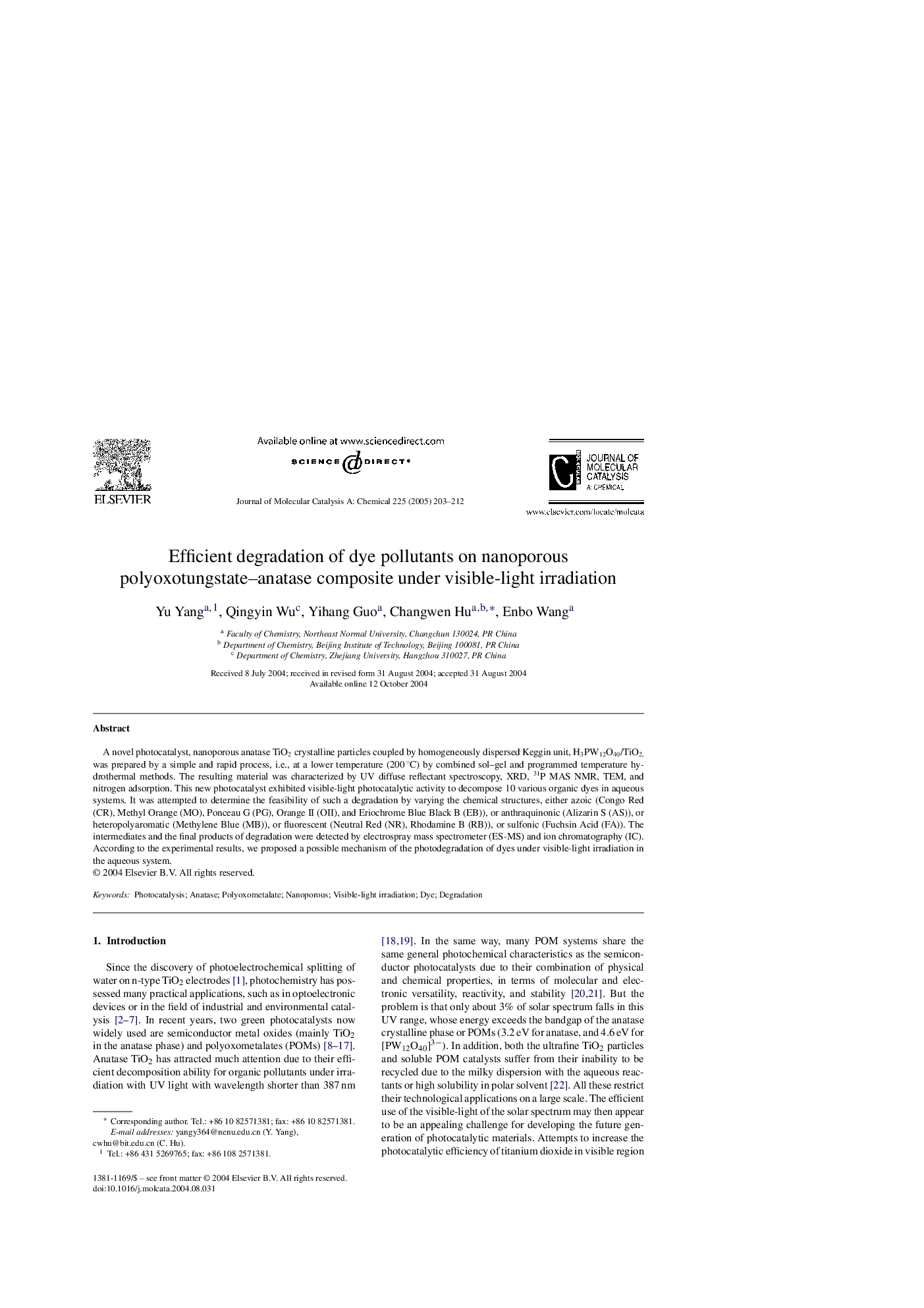 Efficient degradation of dye pollutants on nanoporous polyoxotungstate-anatase composite under visible-light irradiation