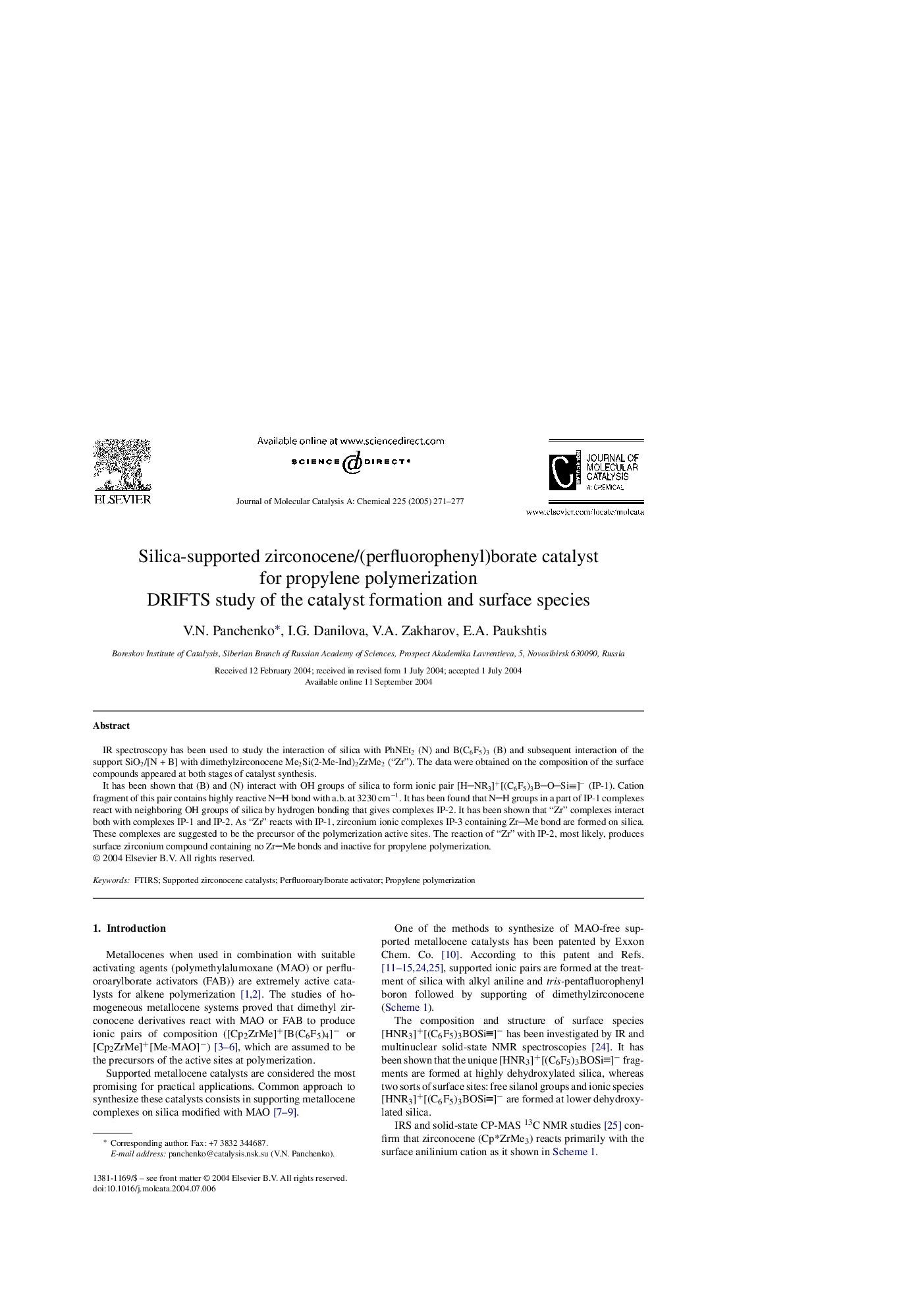 Silica-supported zirconocene/(perfluorophenyl)borate catalyst for propylene polymerization