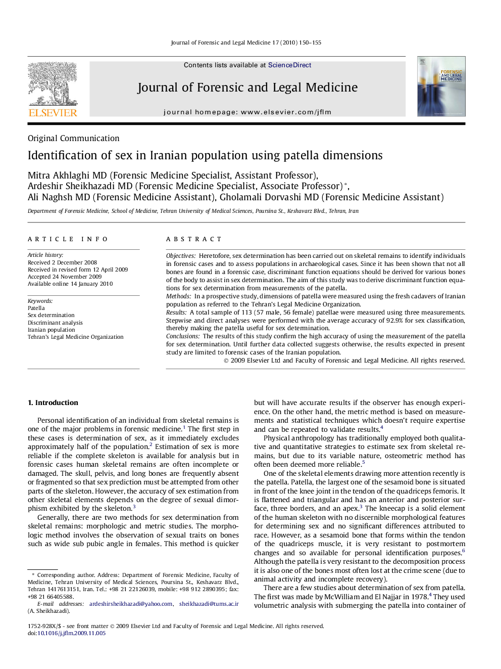 Identification of sex in Iranian population using patella dimensions