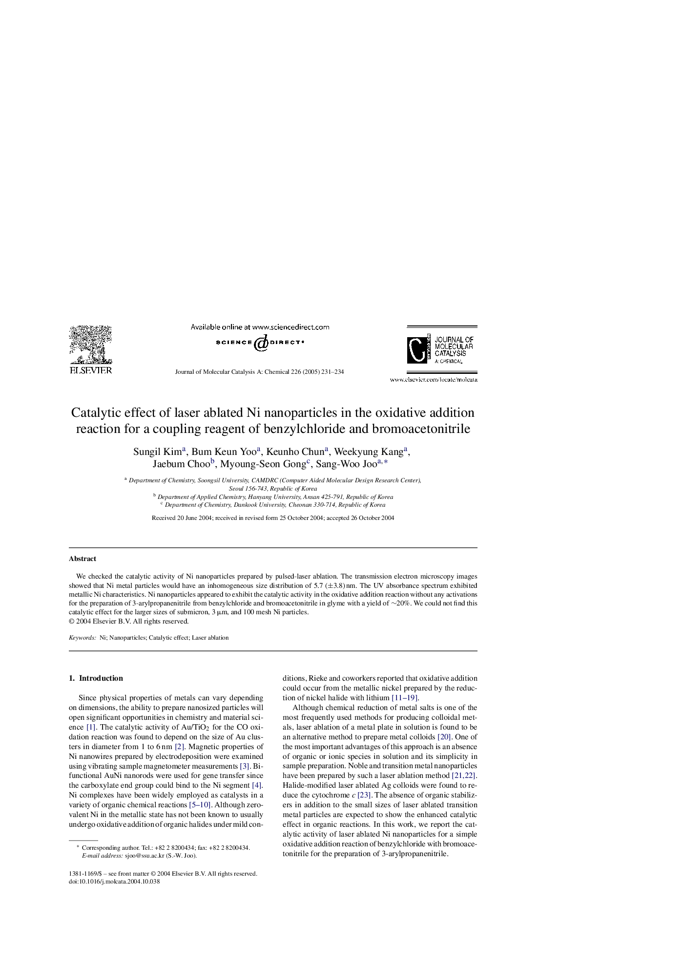 Catalytic effect of laser ablated Ni nanoparticles in the oxidative addition reaction for a coupling reagent of benzylchloride and bromoacetonitrile