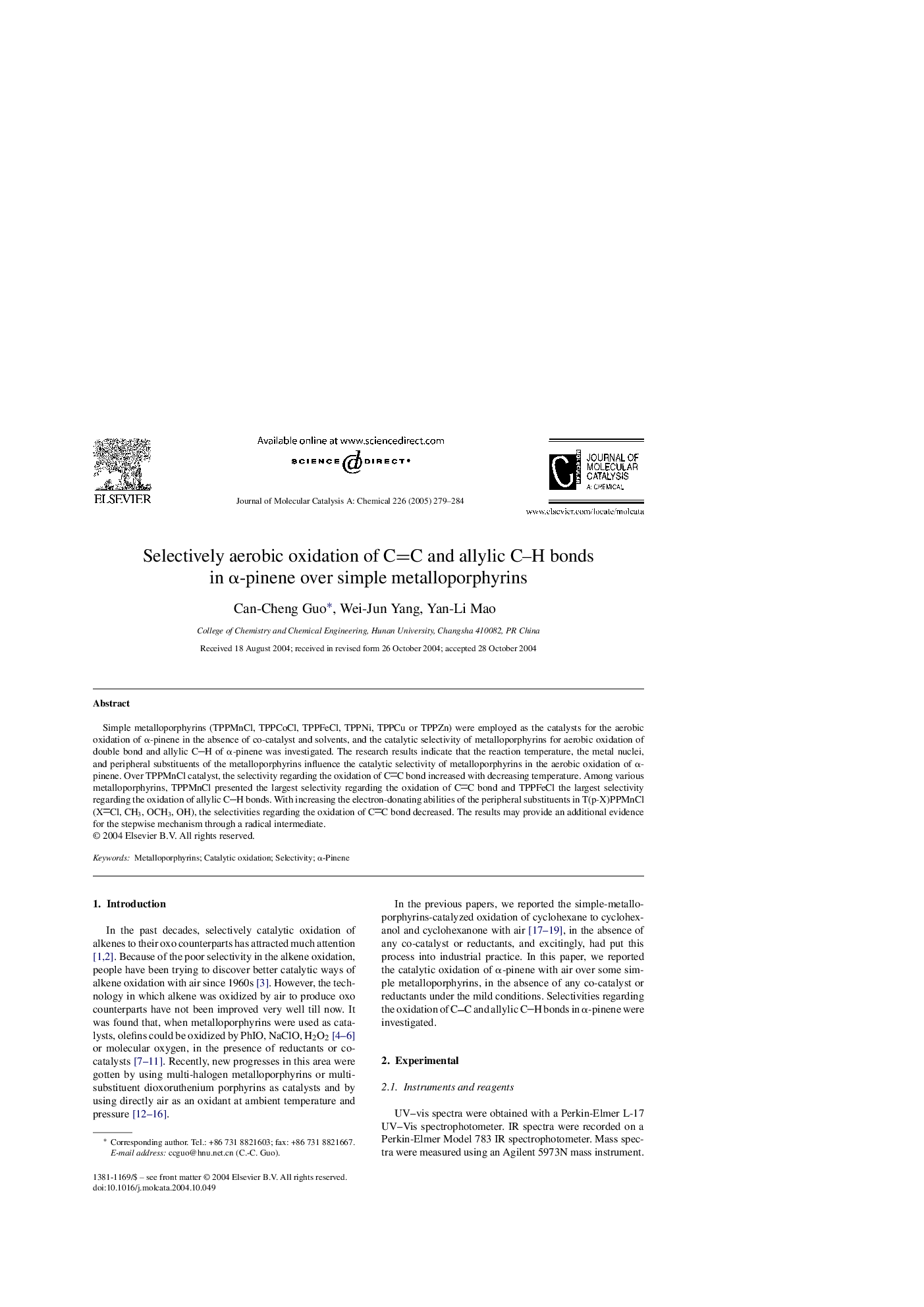 Selectively aerobic oxidation of CC and allylic CH bonds in Î±-pinene over simple metalloporphyrins