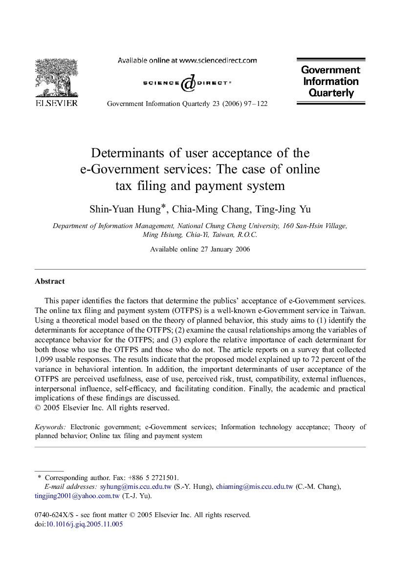 Determinants of user acceptance of the e-Government services: The case of online tax filing and payment system