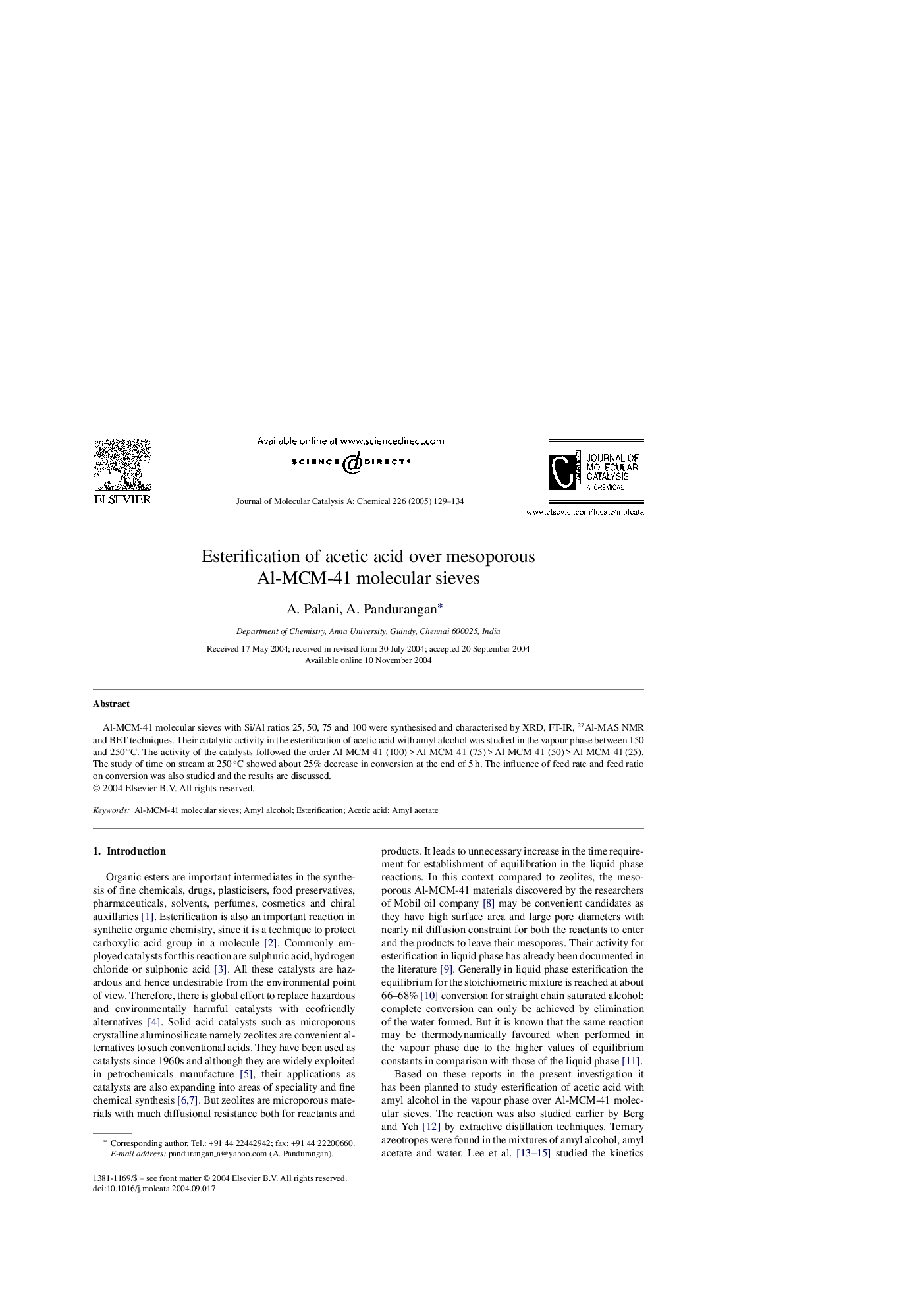 Esterification of acetic acid over mesoporous Al-MCM-41 molecular sieves