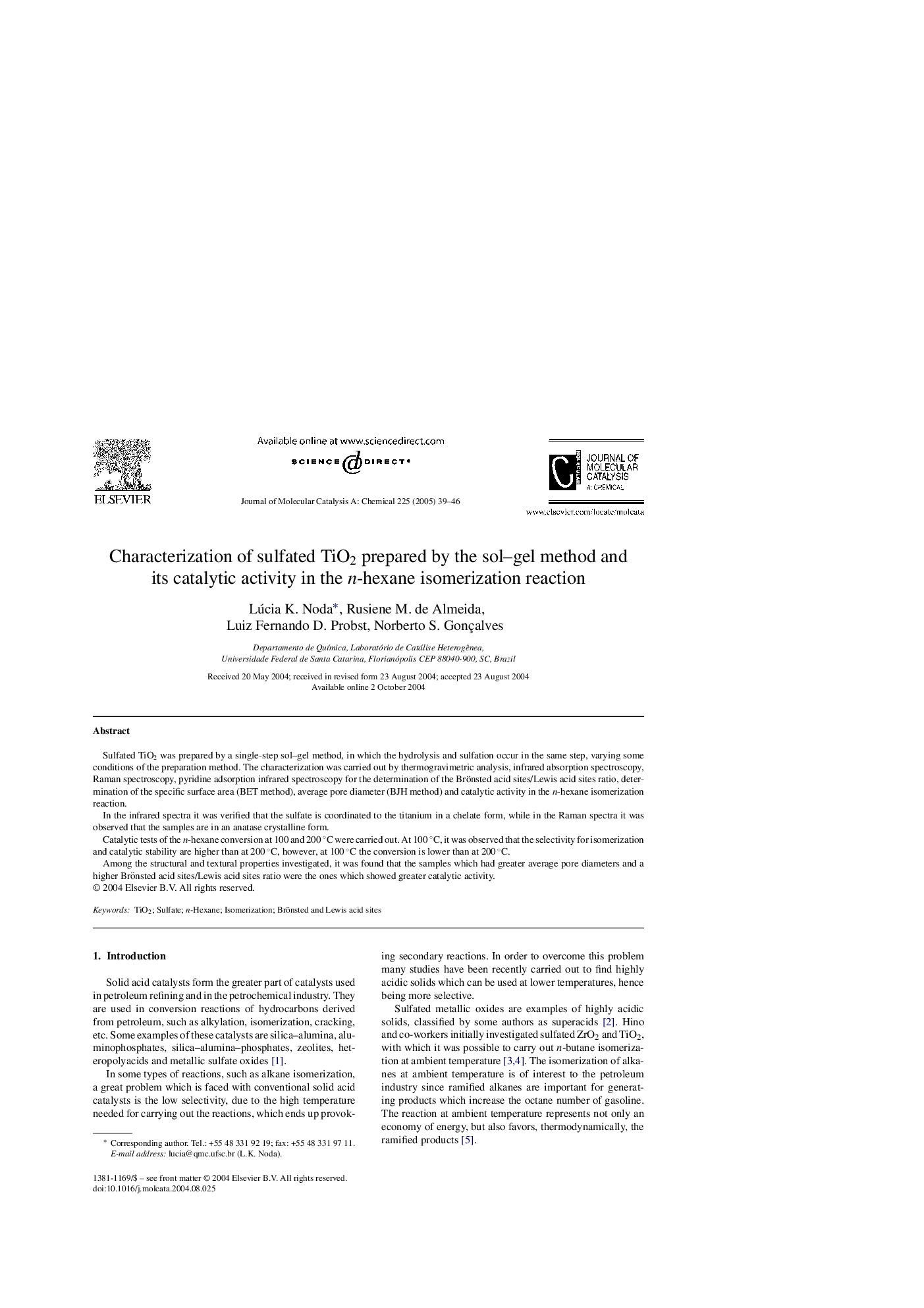 Characterization of sulfated TiO2 prepared by the sol-gel method and its catalytic activity in the n-hexane isomerization reaction