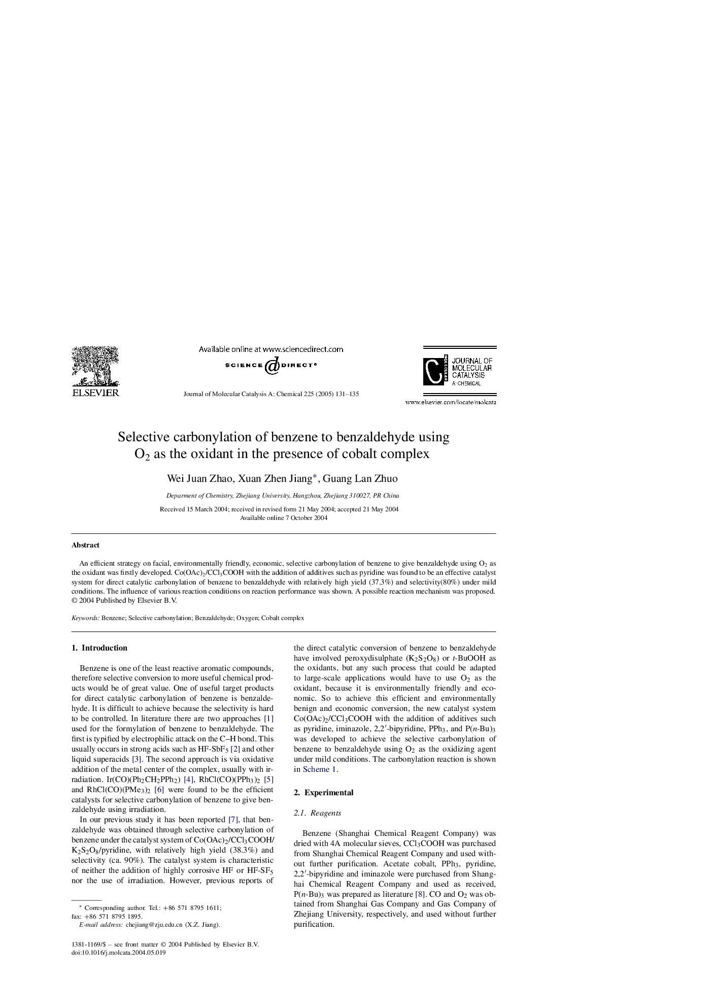 Selective carbonylation of benzene to benzaldehyde using O2 as the oxidant in the presence of cobalt complex