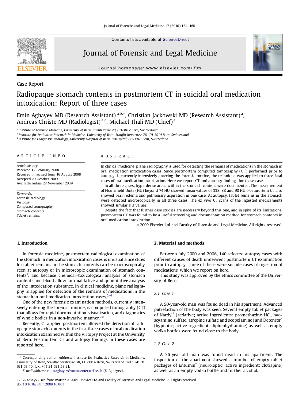 Radiopaque stomach contents in postmortem CT in suicidal oral medication intoxication: Report of three cases