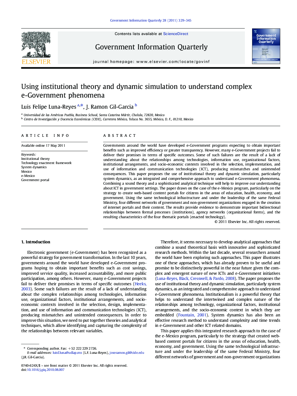 Using institutional theory and dynamic simulation to understand complex e-Government phenomena