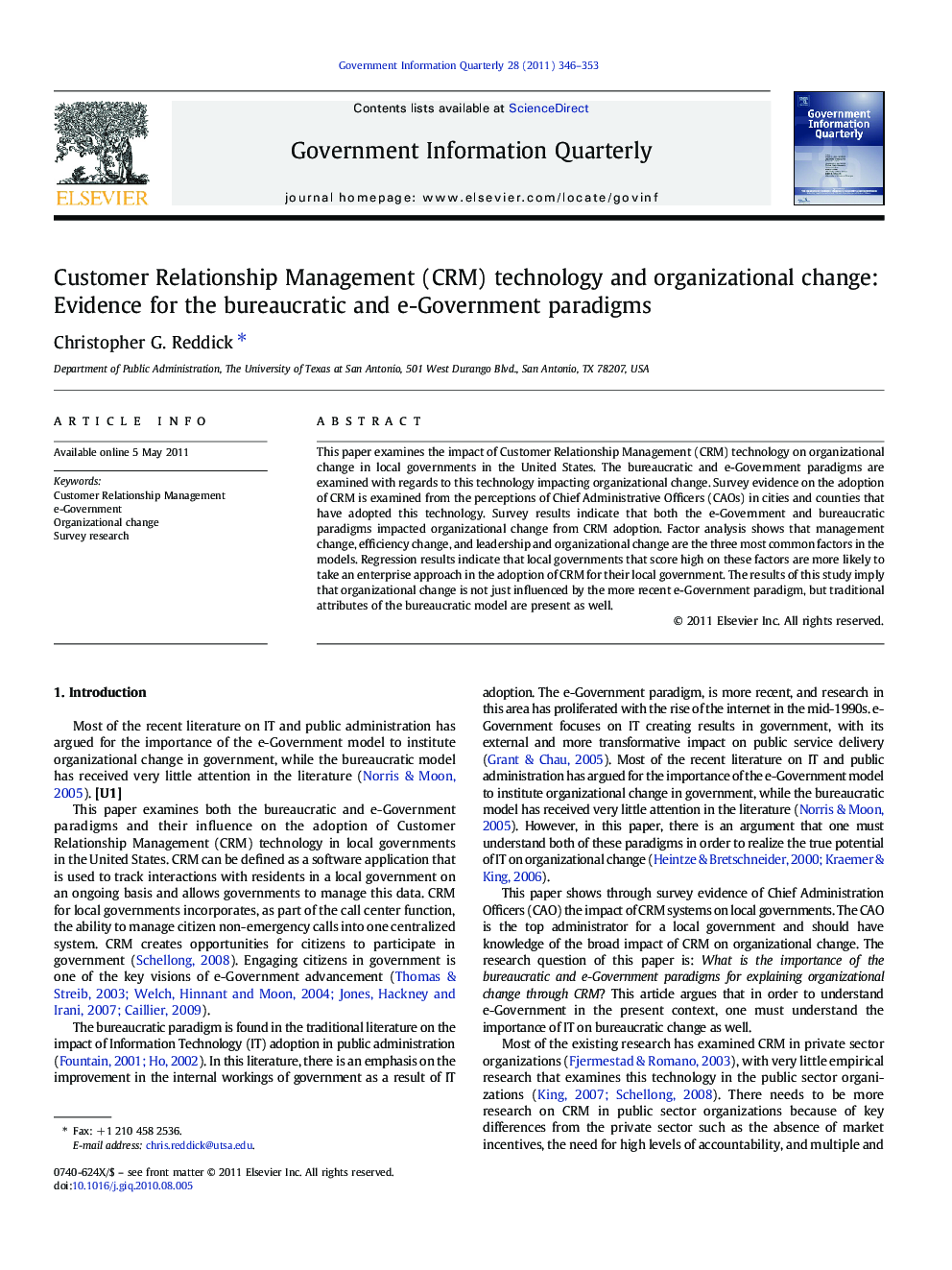 Customer Relationship Management (CRM) technology and organizational change: Evidence for the bureaucratic and e-Government paradigms