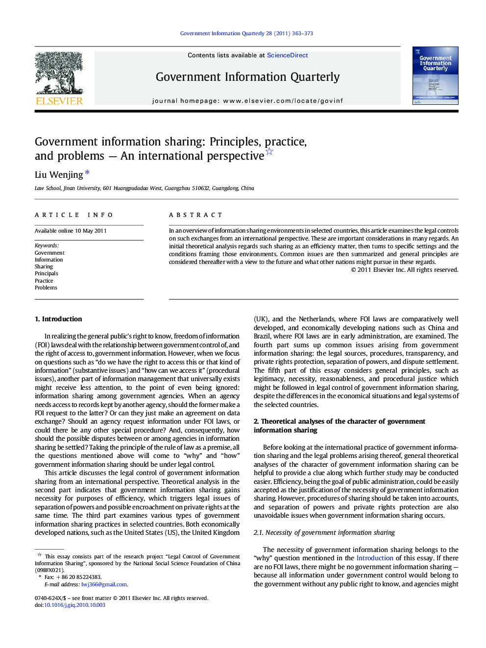 Government information sharing: Principles, practice, and problems — An international perspective 