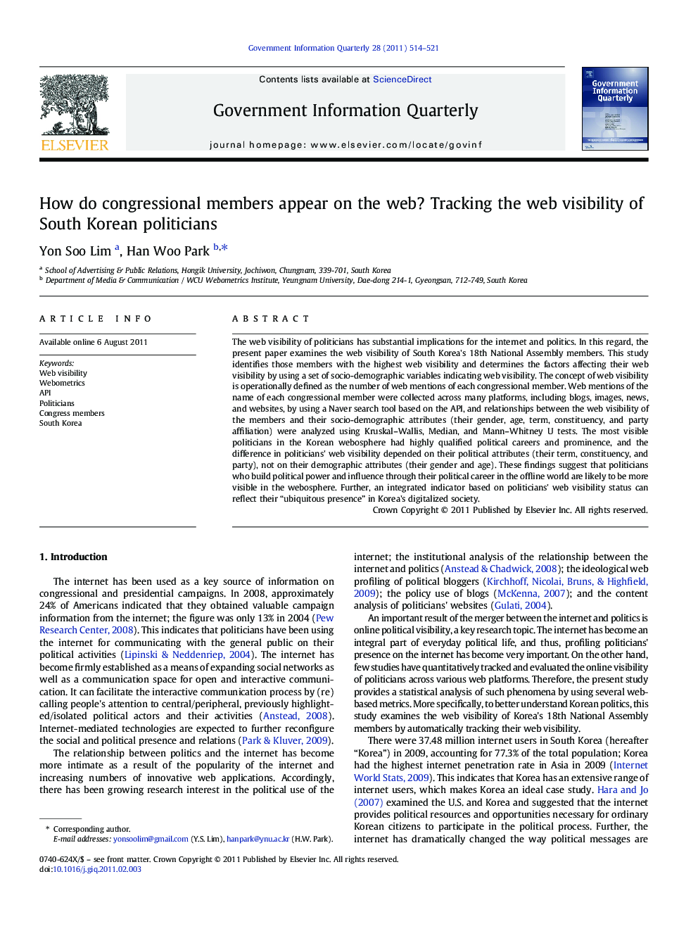 How do congressional members appear on the web? Tracking the web visibility of South Korean politicians