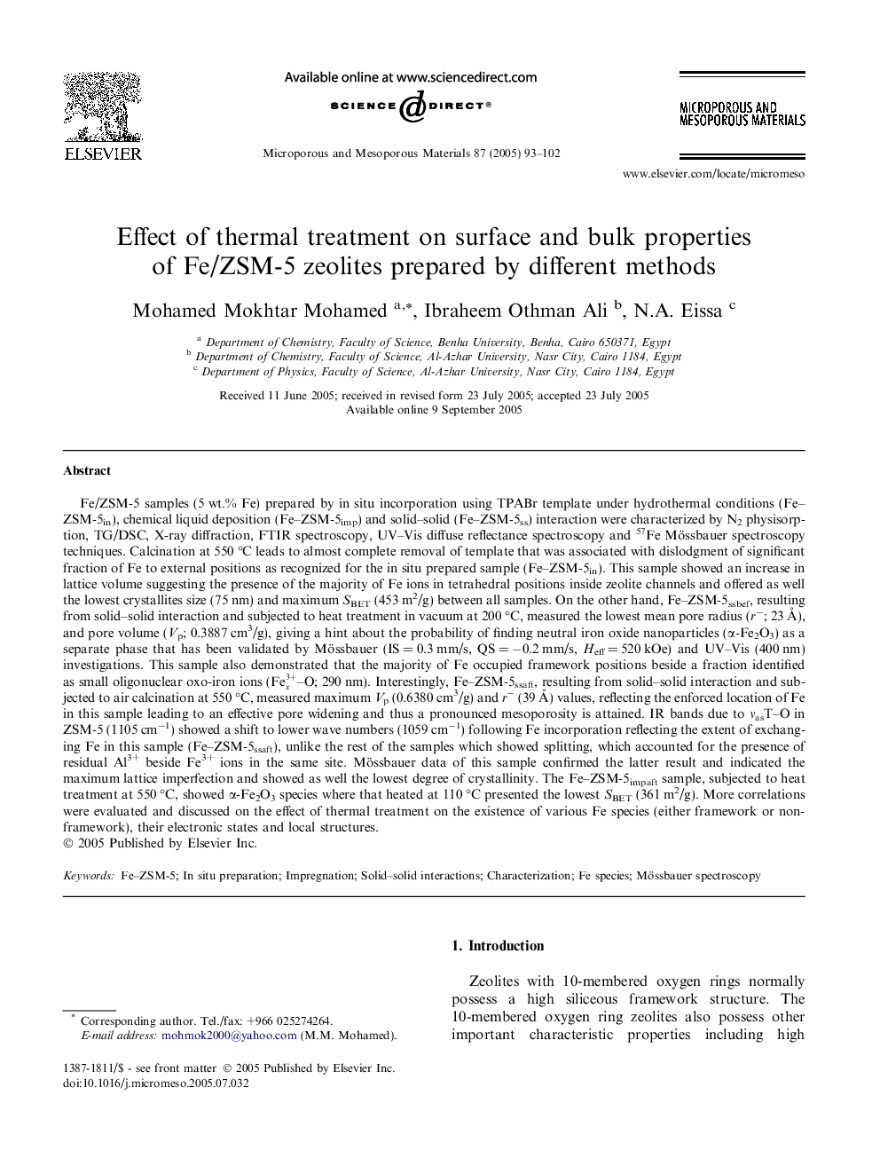 Effect of thermal treatment on surface and bulk properties of Fe/ZSM-5 zeolites prepared by different methods