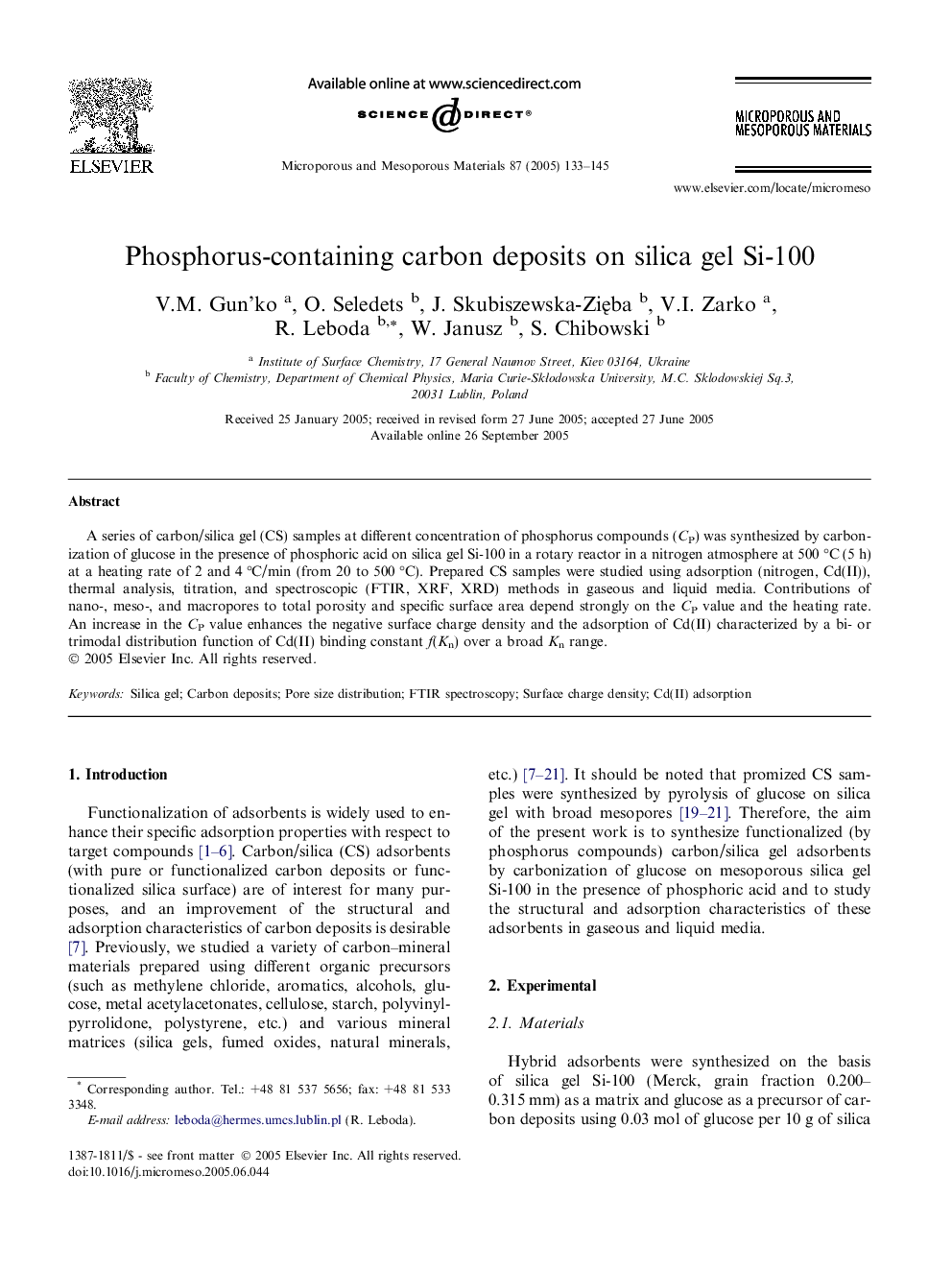 Phosphorus-containing carbon deposits on silica gel Si-100