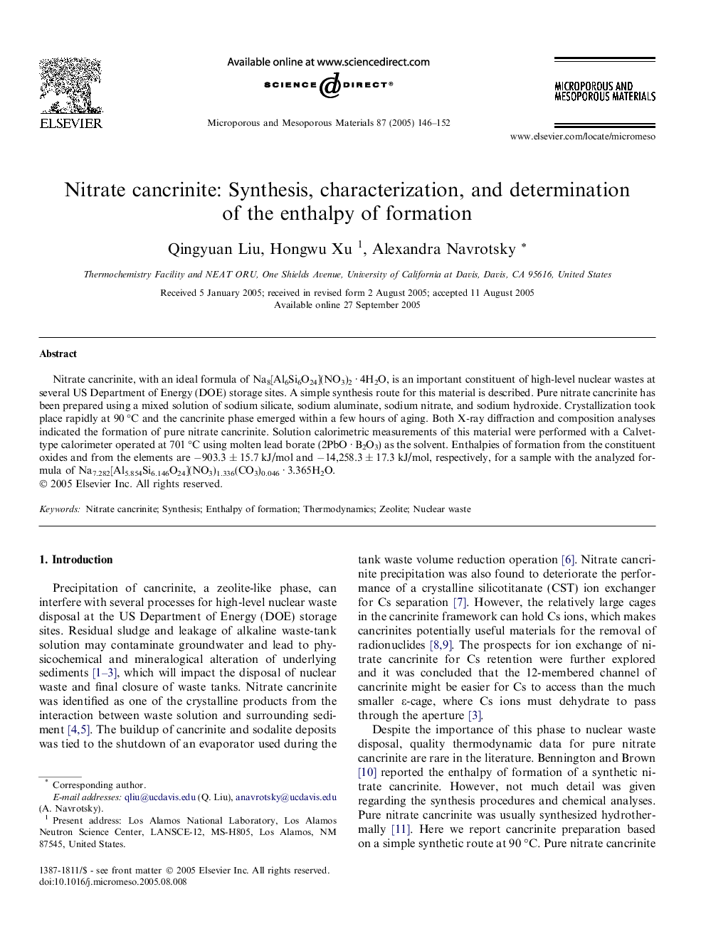 Nitrate cancrinite: Synthesis, characterization, and determination of the enthalpy of formation