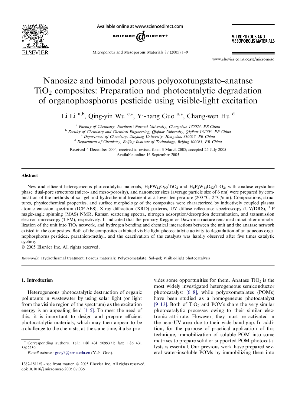 Nanosize and bimodal porous polyoxotungstate-anatase TiO2 composites: Preparation and photocatalytic degradation of organophosphorus pesticide using visible-light excitation