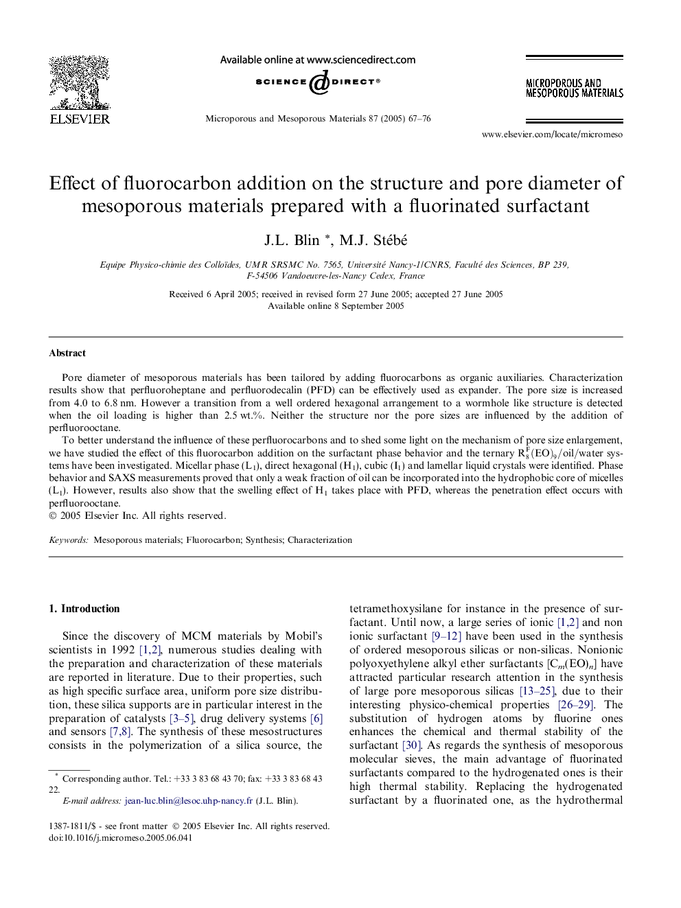 Effect of fluorocarbon addition on the structure and pore diameter of mesoporous materials prepared with a fluorinated surfactant