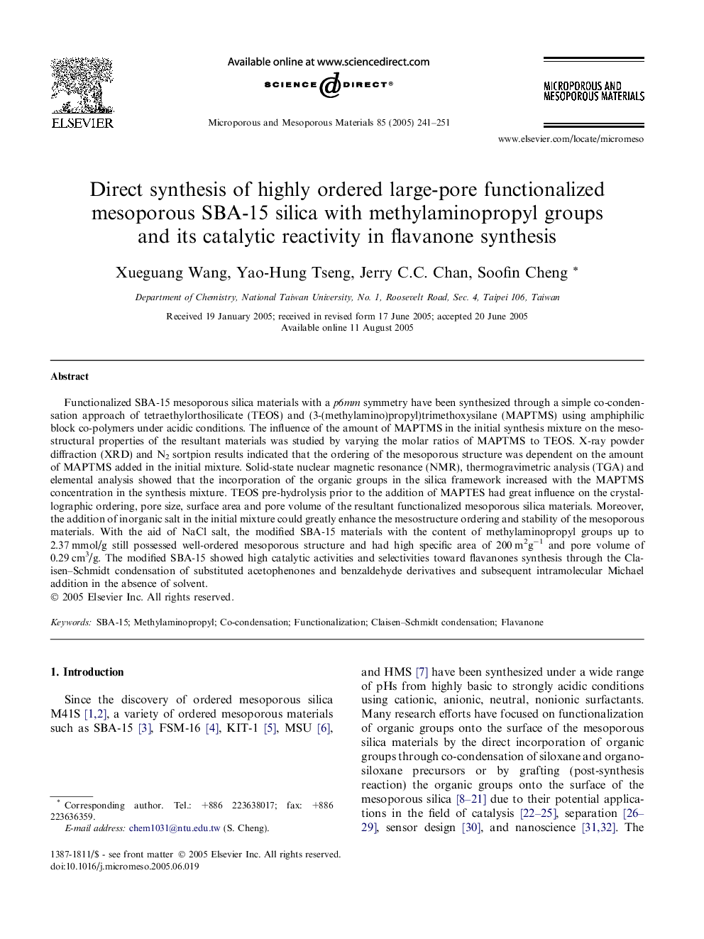 Direct synthesis of highly ordered large-pore functionalized mesoporous SBA-15 silica with methylaminopropyl groups and its catalytic reactivity in flavanone synthesis