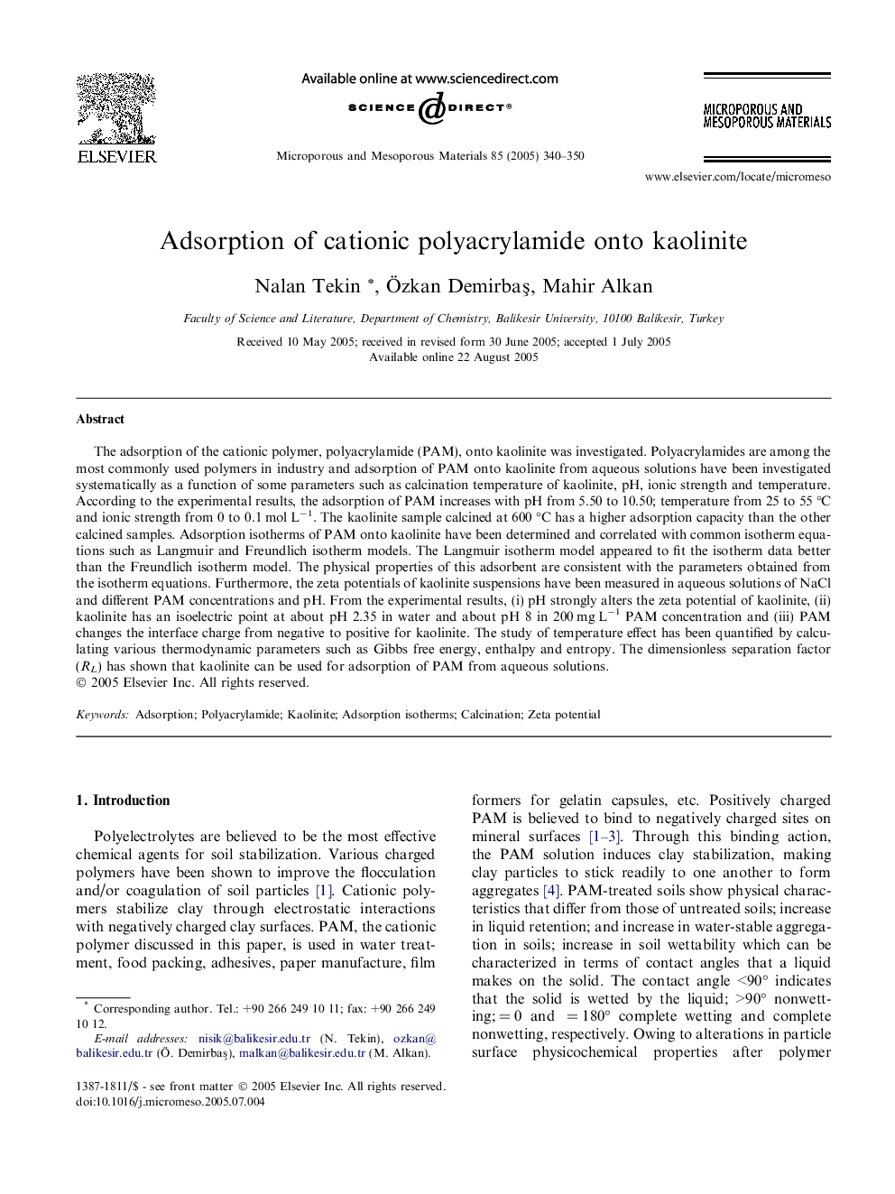 Adsorption of cationic polyacrylamide onto kaolinite