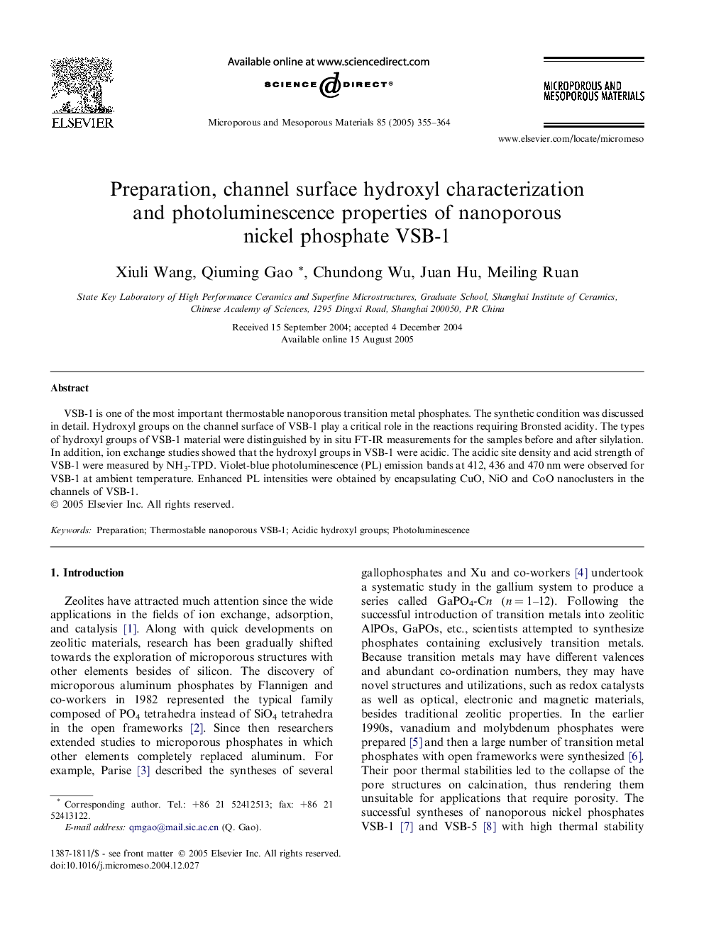 Preparation, channel surface hydroxyl characterization and photoluminescence properties of nanoporous nickel phosphate VSB-1