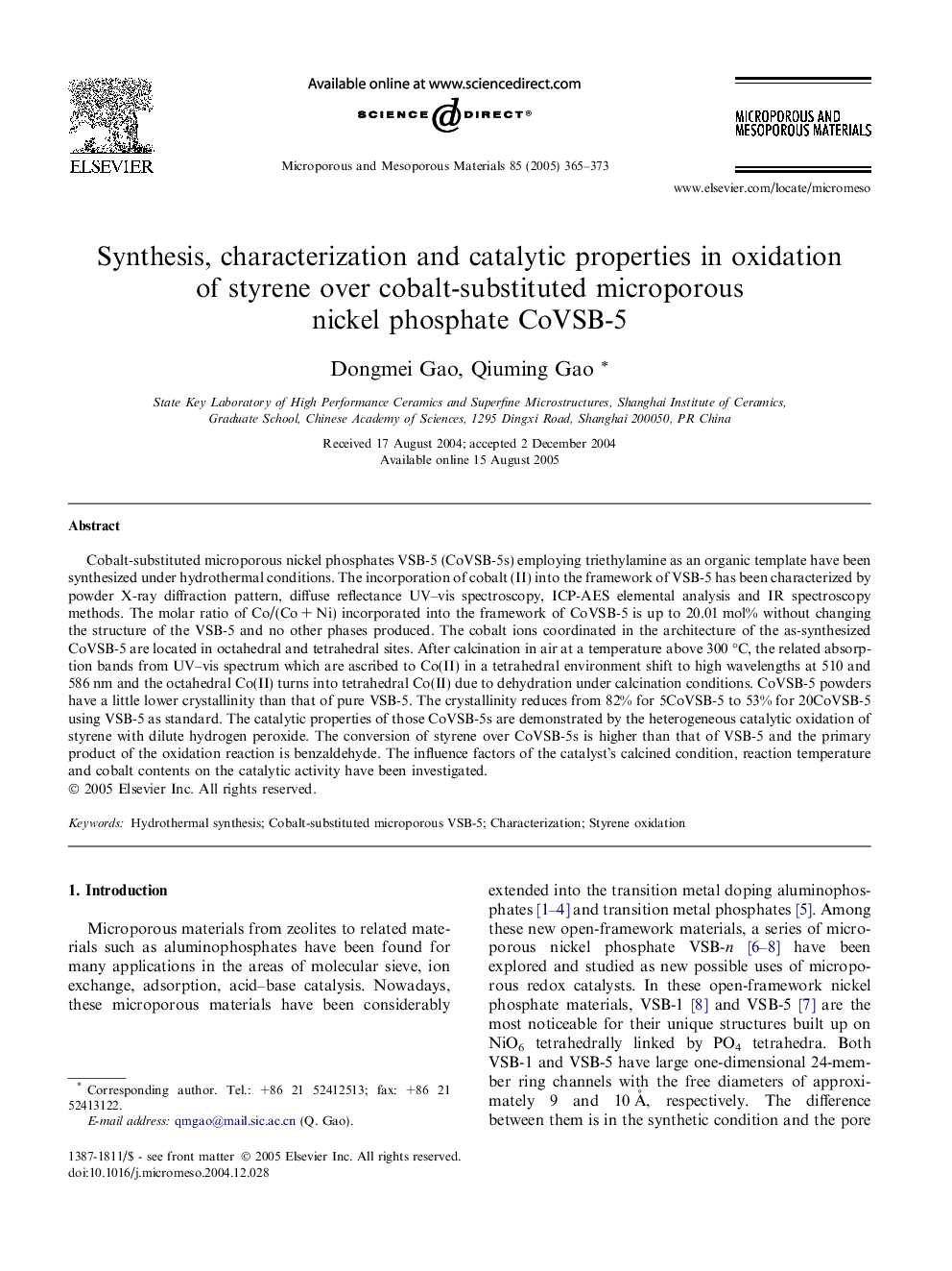 Synthesis, characterization and catalytic properties in oxidation of styrene over cobalt-substituted microporous nickel phosphate CoVSB-5