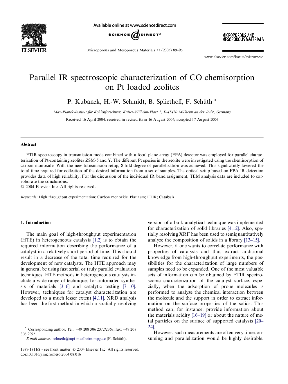 Parallel IR spectroscopic characterization of CO chemisorption on Pt loaded zeolites