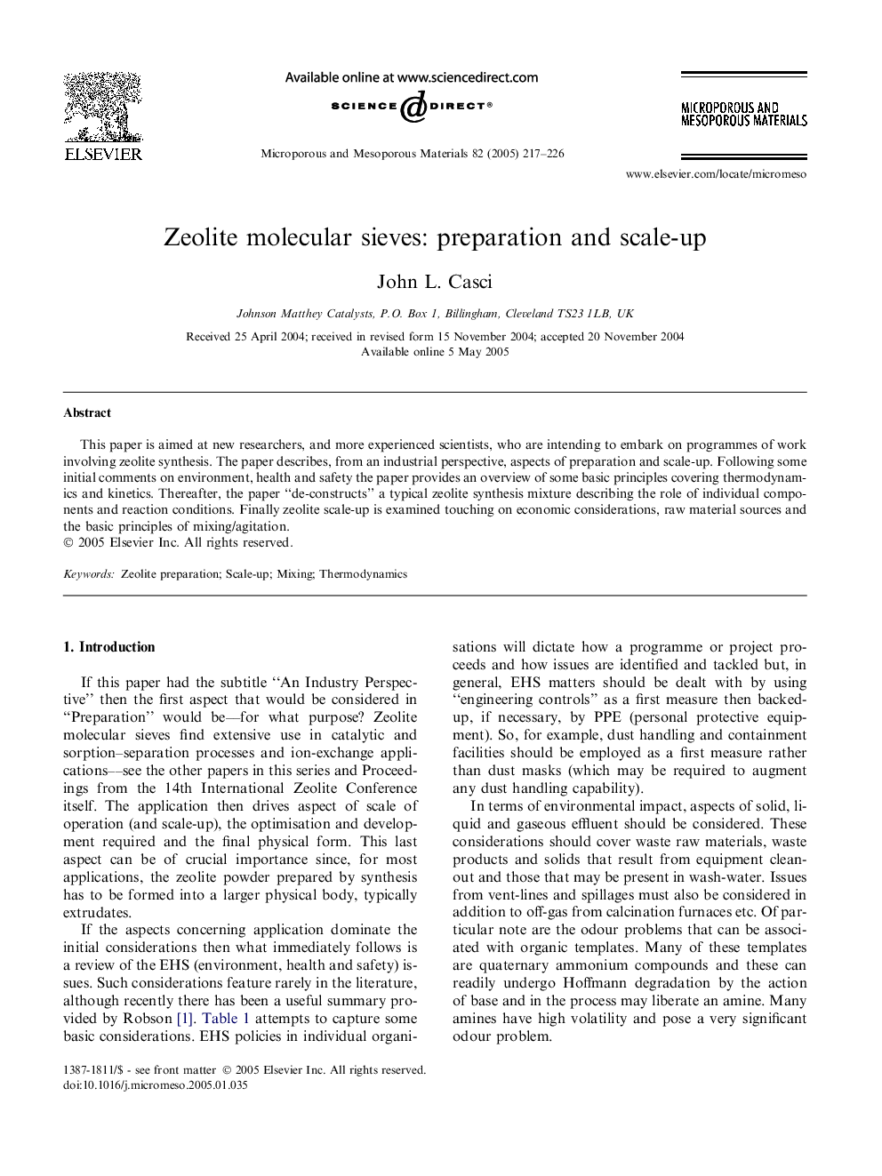 Zeolite molecular sieves: preparation and scale-up