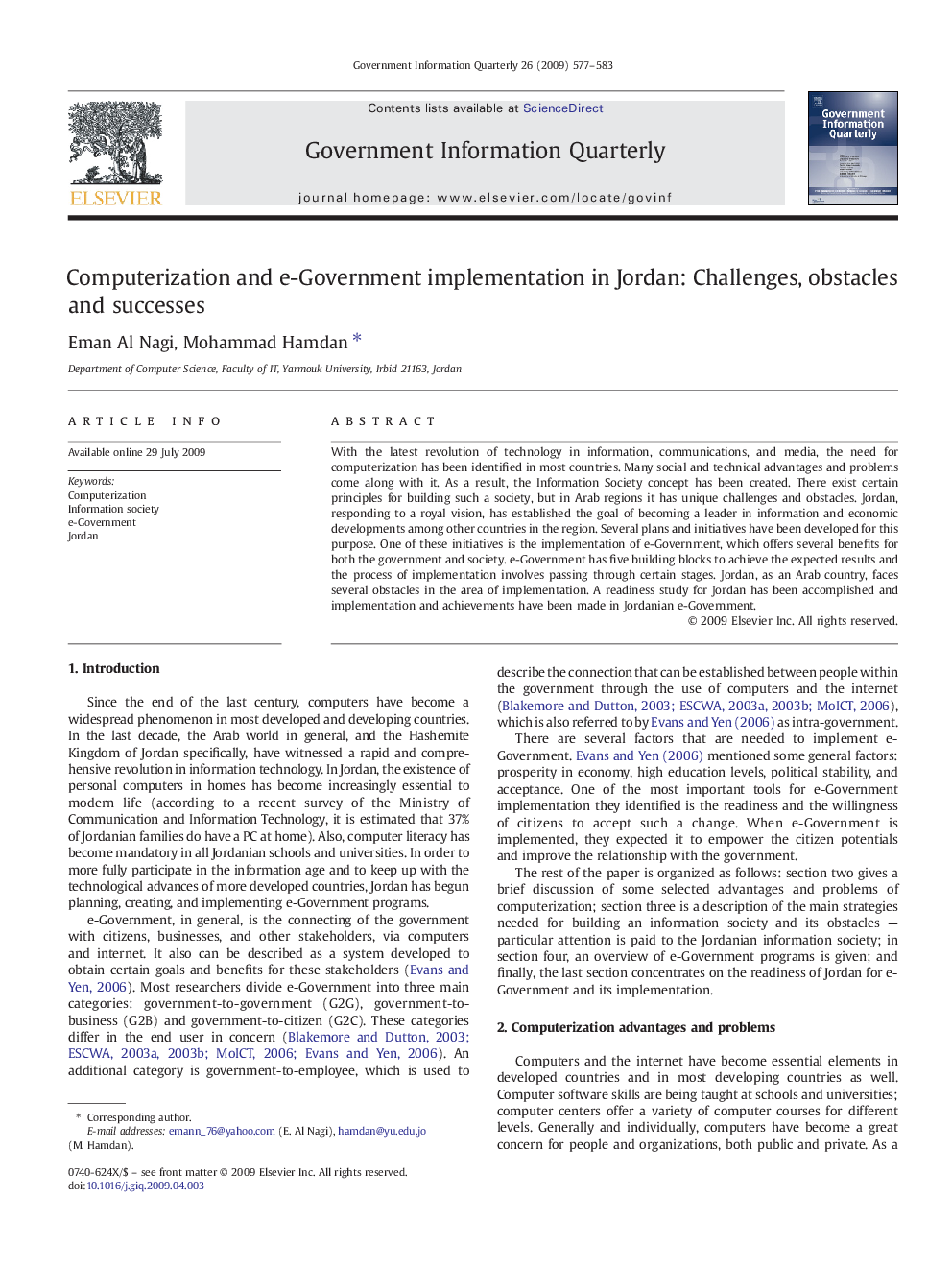 Computerization and e-Government implementation in Jordan: Challenges, obstacles and successes