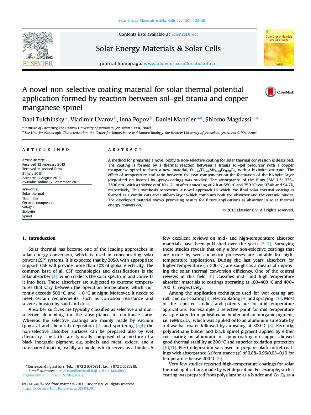 A novel non-selective coating material for solar thermal potential application formed by reaction between sol-gel titania and copper manganese spinel