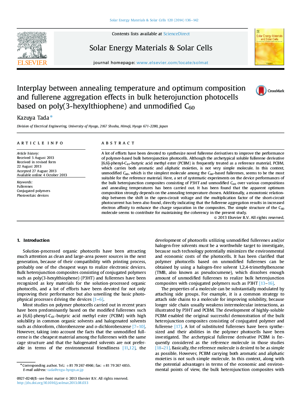 Interplay between annealing temperature and optimum composition and fullerene aggregation effects in bulk heterojunction photocells based on poly(3-hexylthiophene) and unmodified C60