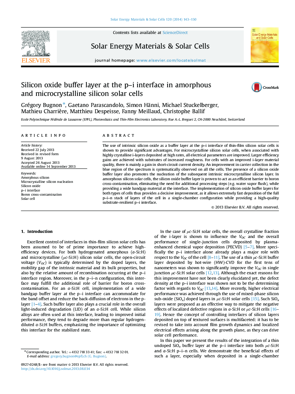 Silicon oxide buffer layer at the p-i interface in amorphous and microcrystalline silicon solar cells