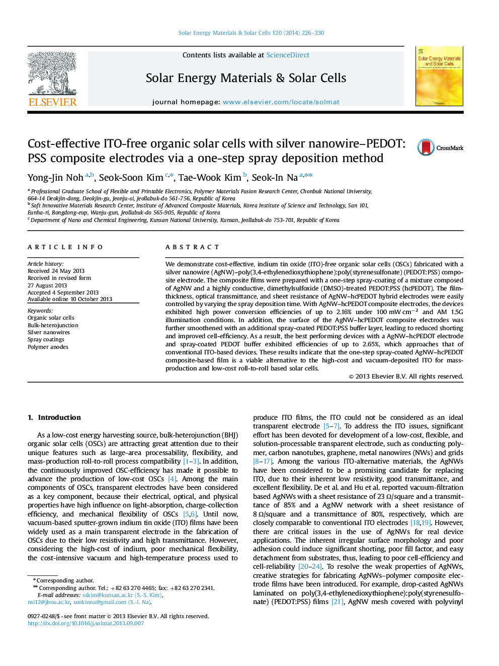 Cost-effective ITO-free organic solar cells with silver nanowire-PEDOT:PSS composite electrodes via a one-step spray deposition method