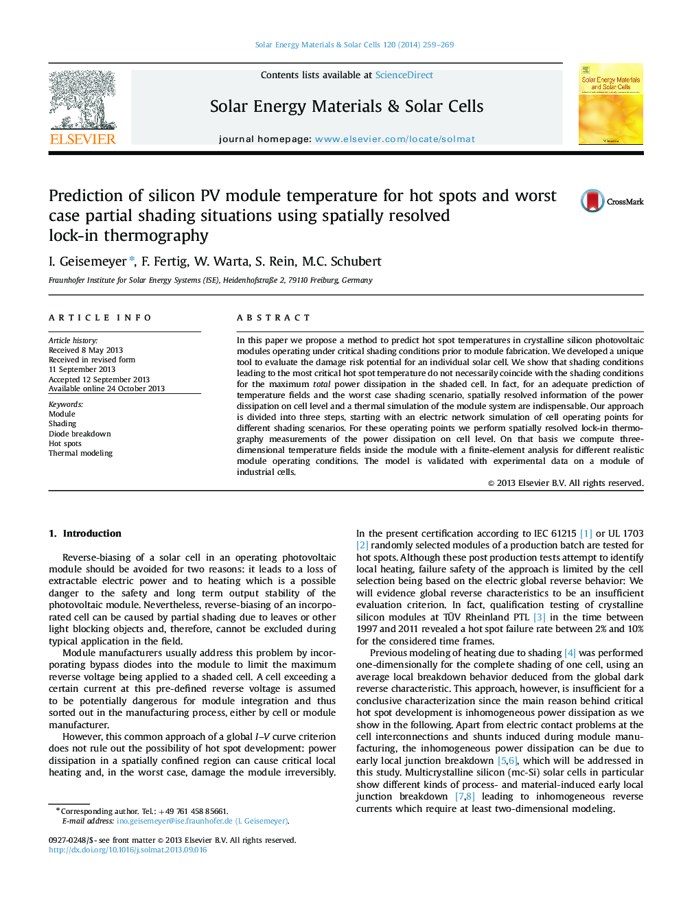 Prediction of silicon PV module temperature for hot spots and worst case partial shading situations using spatially resolved lock-in thermography