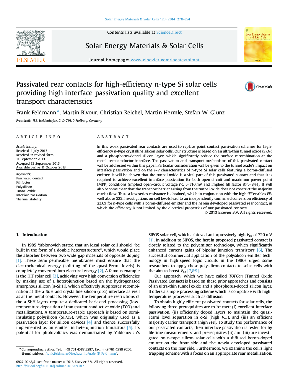 Passivated rear contacts for high-efficiency n-type Si solar cells providing high interface passivation quality and excellent transport characteristics