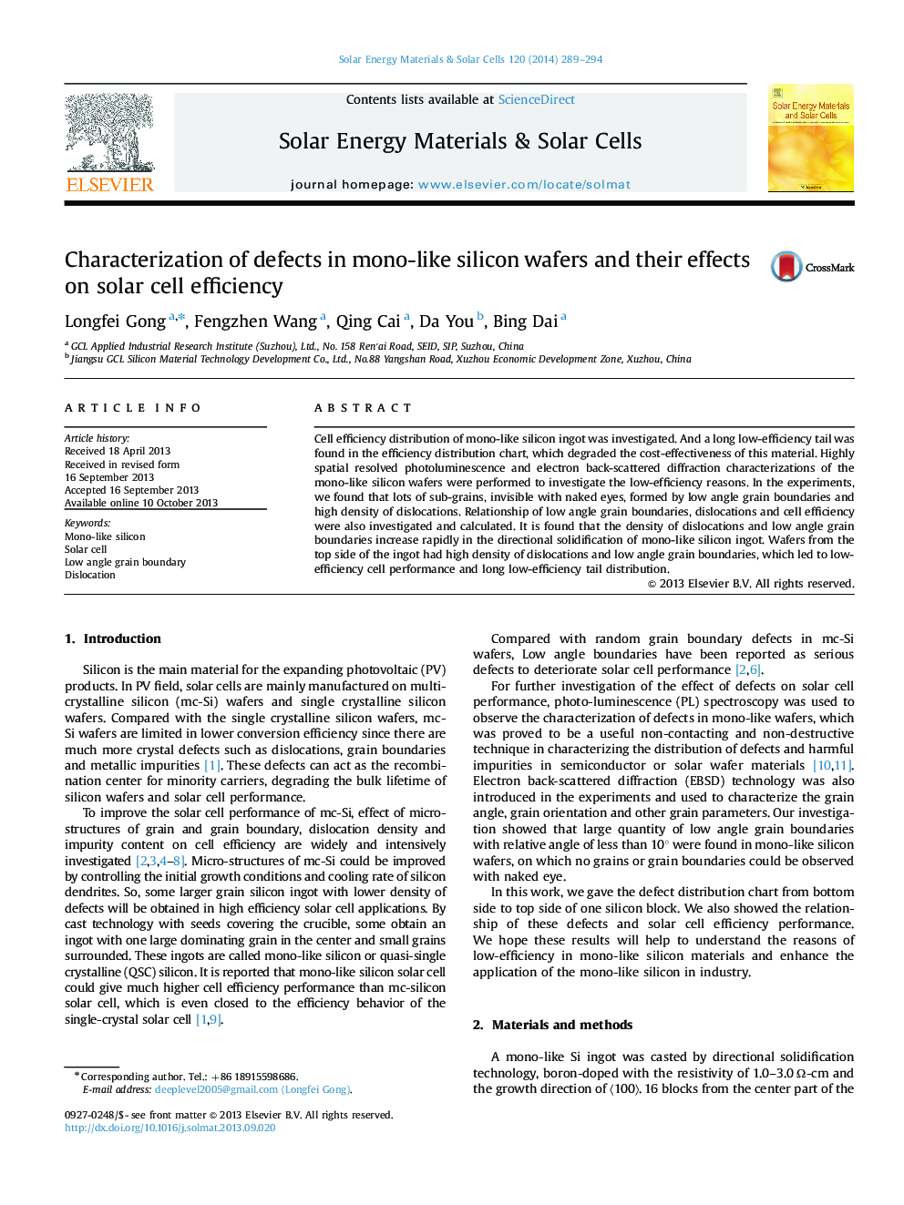 Characterization of defects in mono-like silicon wafers and their effects on solar cell efficiency