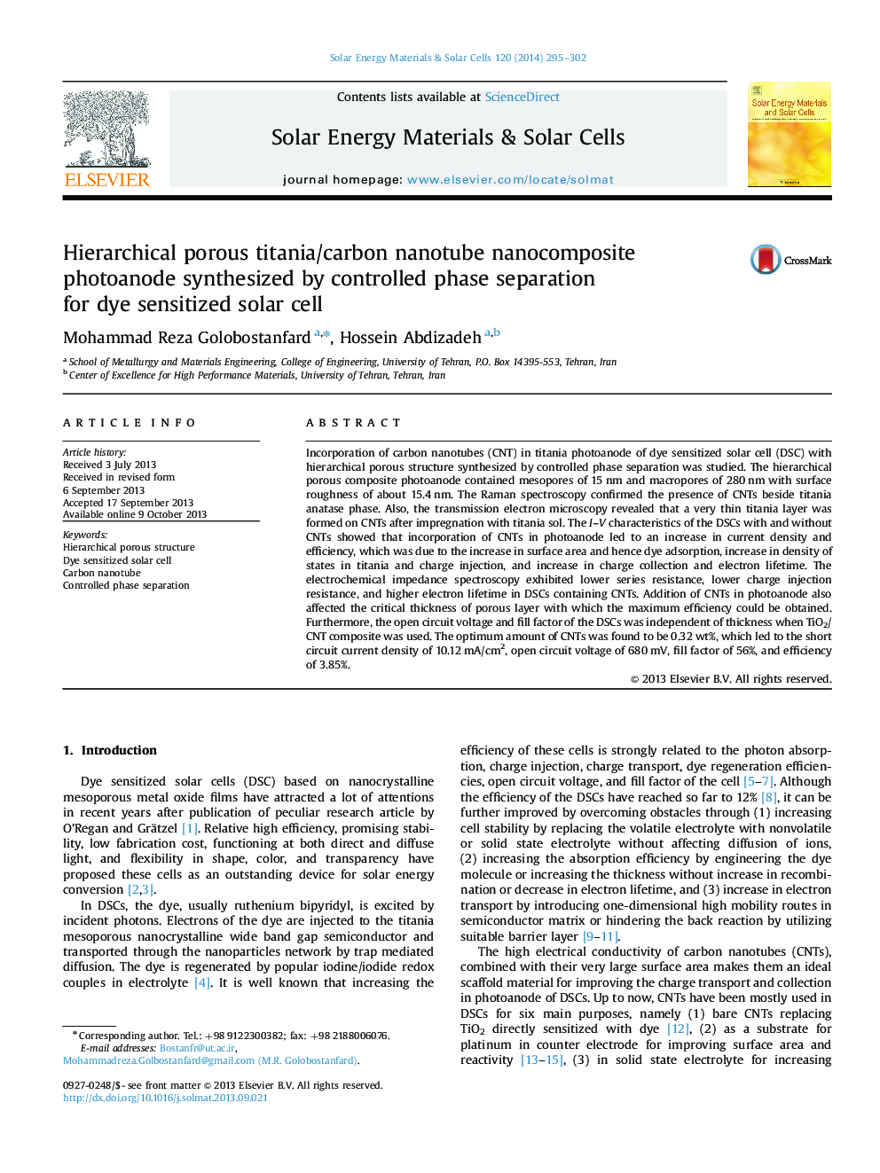 Hierarchical porous titania/carbon nanotube nanocomposite photoanode synthesized by controlled phase separation for dye sensitized solar cell