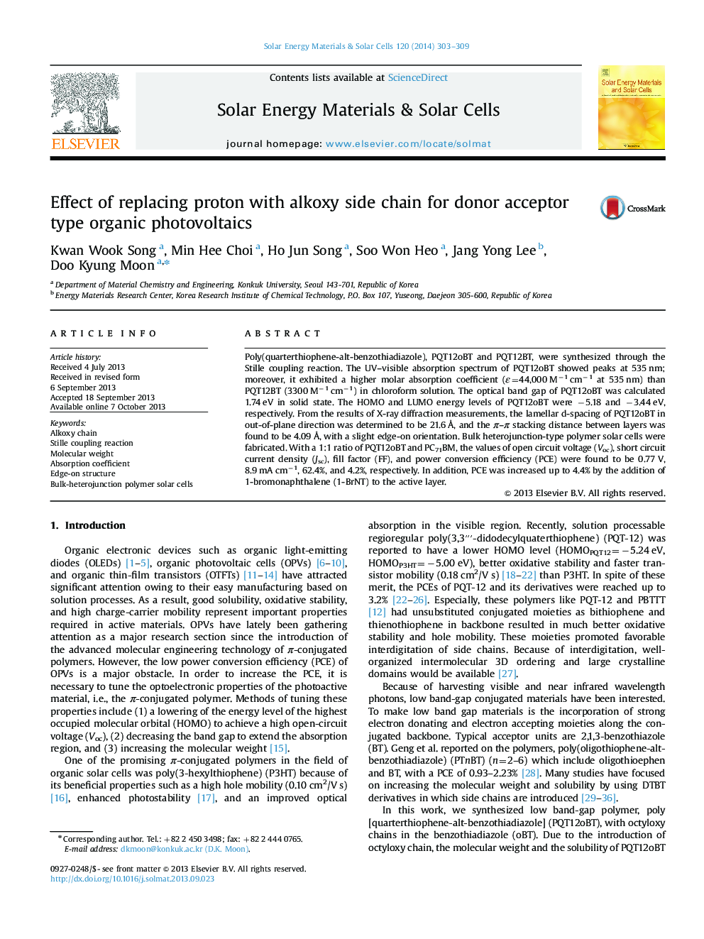 Effect of replacing proton with alkoxy side chain for donor acceptor type organic photovoltaics