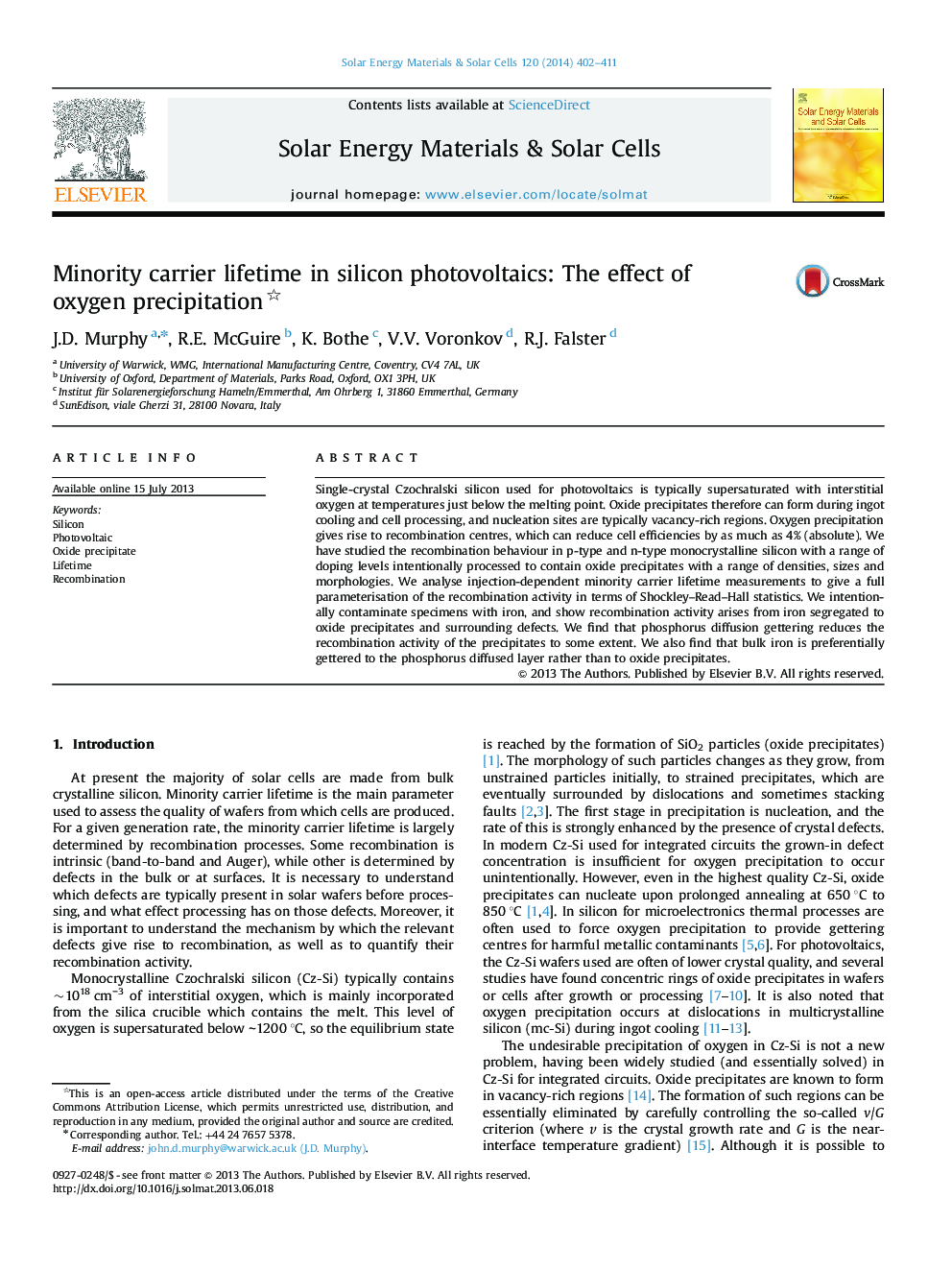 Minority carrier lifetime in silicon photovoltaics: The effect of oxygen precipitation