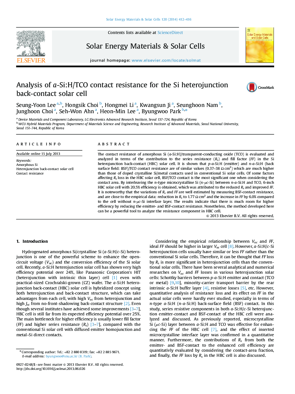 Analysis of a-Si:H/TCO contact resistance for the Si heterojunction back-contact solar cell