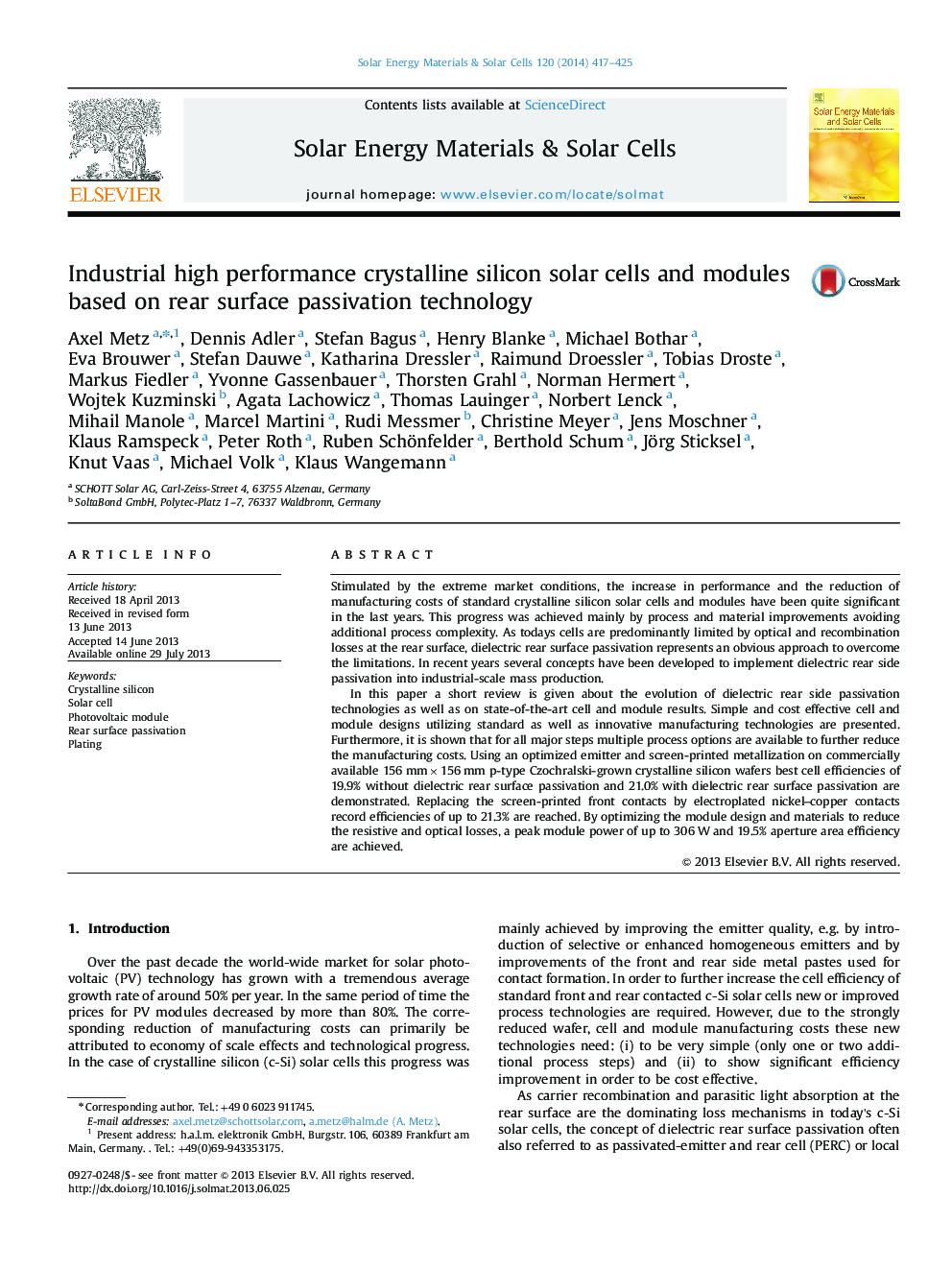 Industrial high performance crystalline silicon solar cells and modules based on rear surface passivation technology