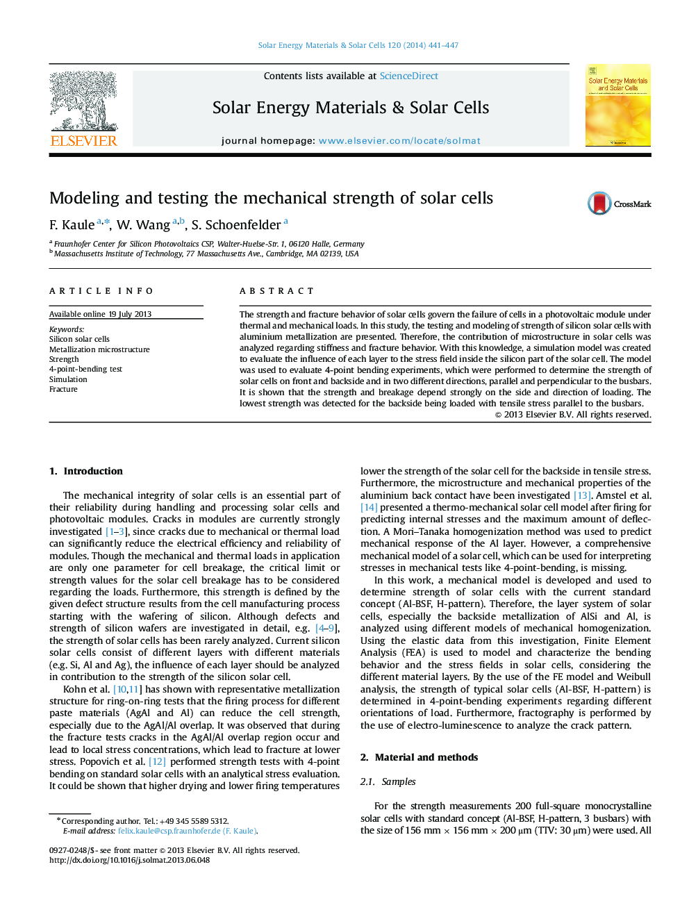 Modeling and testing the mechanical strength of solar cells