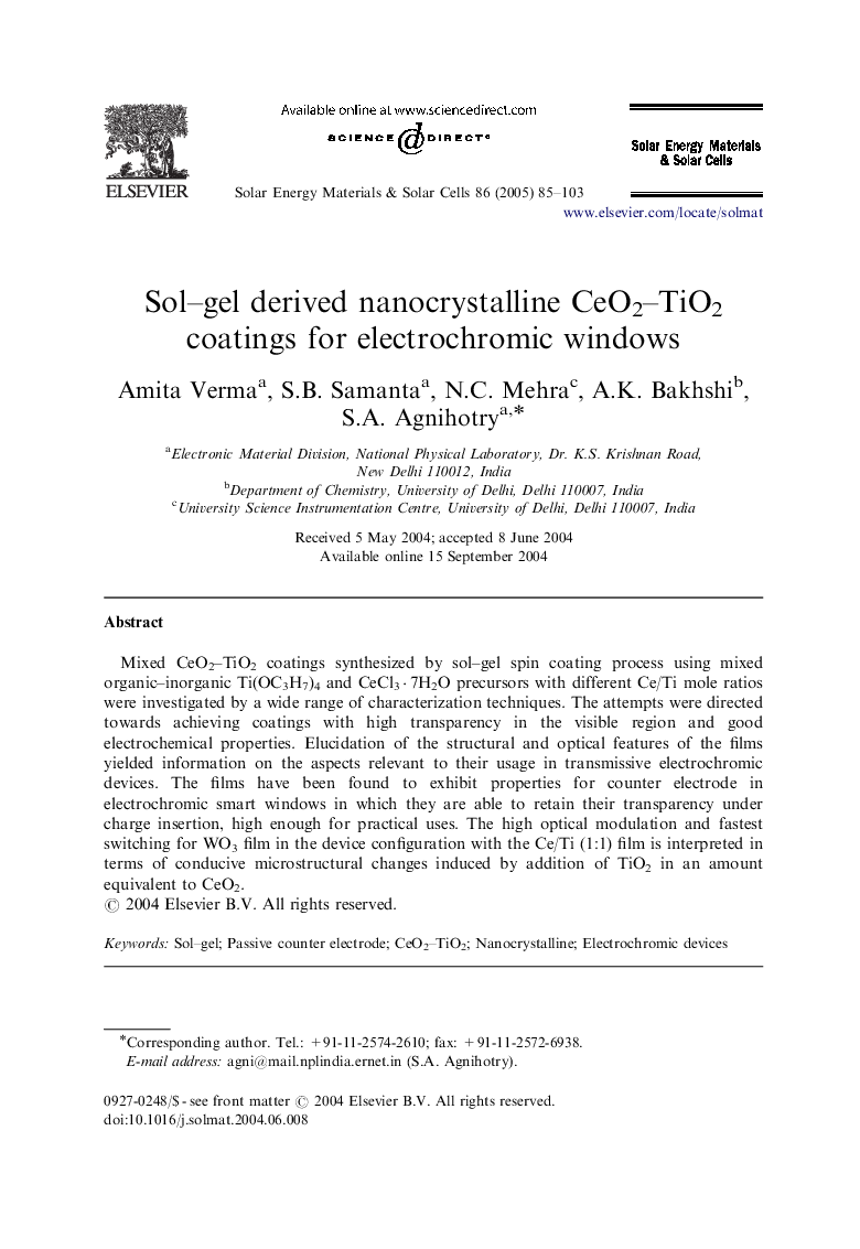 Sol-gel derived nanocrystalline CeO2-TiO2 coatings for electrochromic windows