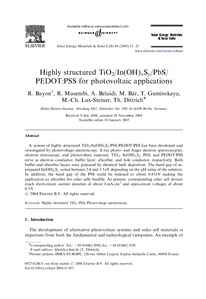 Highly structured TiO2/In(OH)xSy/PbS/PEDOT:PSS for photovoltaic applications