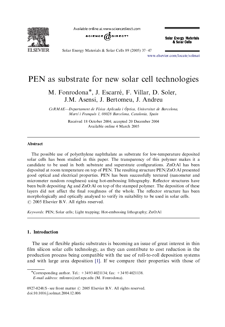 PEN as substrate for new solar cell technologies