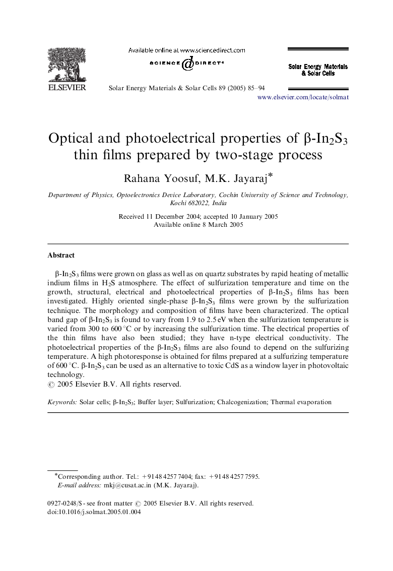 Optical and photoelectrical properties of Î²-In2S3 thin films prepared by two-stage process