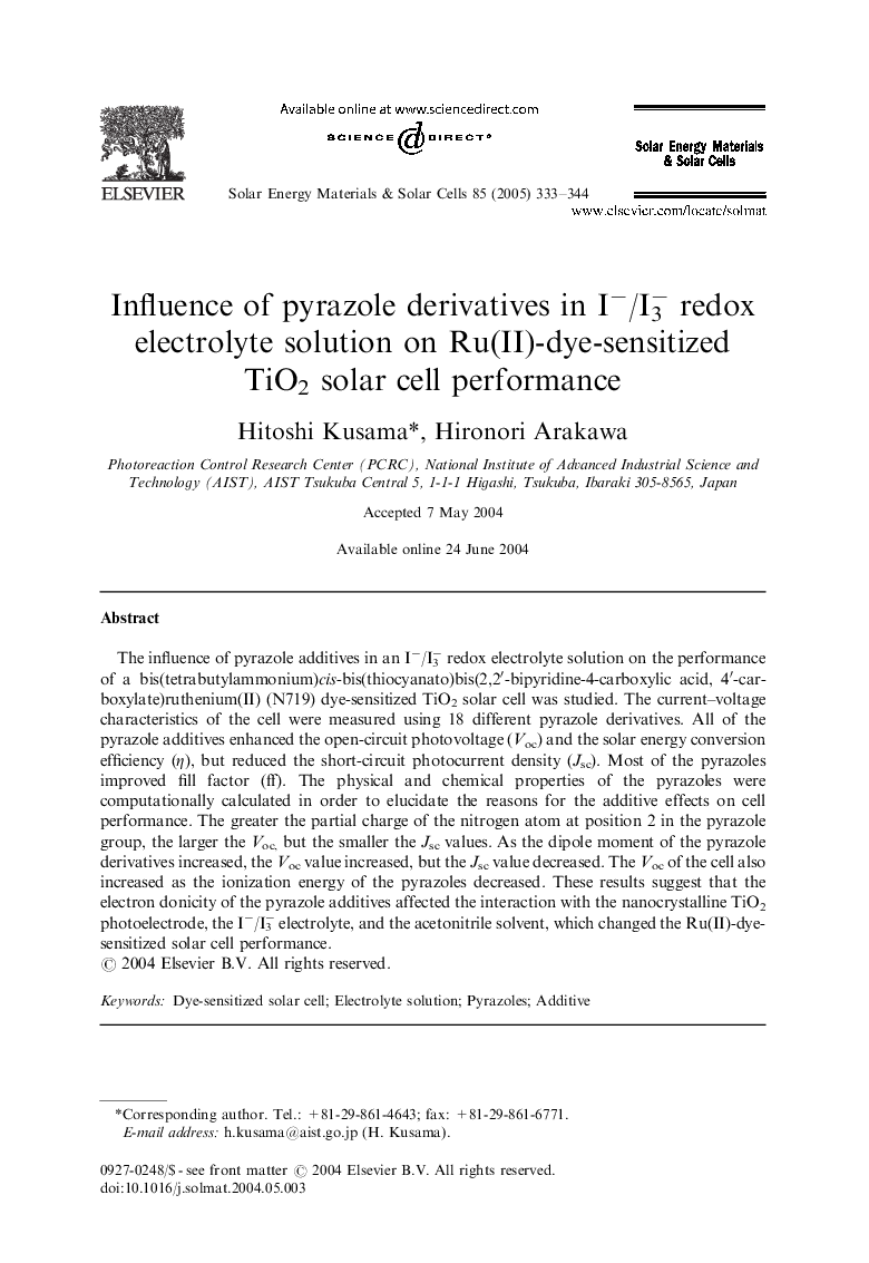 Influence of pyrazole derivatives in Iâ/I3â redox electrolyte solution on Ru(II)-dye-sensitized TiO2 solar cell performance