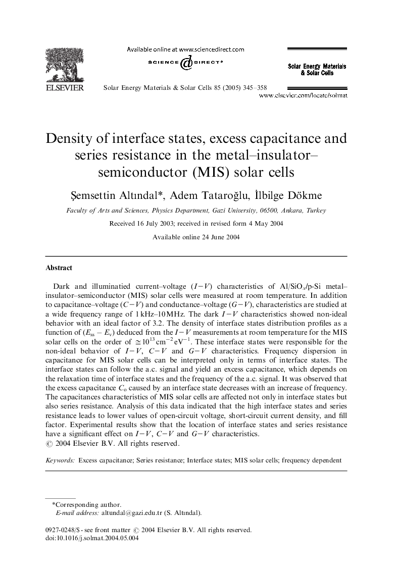 Density of interface states, excess capacitance and series resistance in the metal-insulator-semiconductor (MIS) solar cells